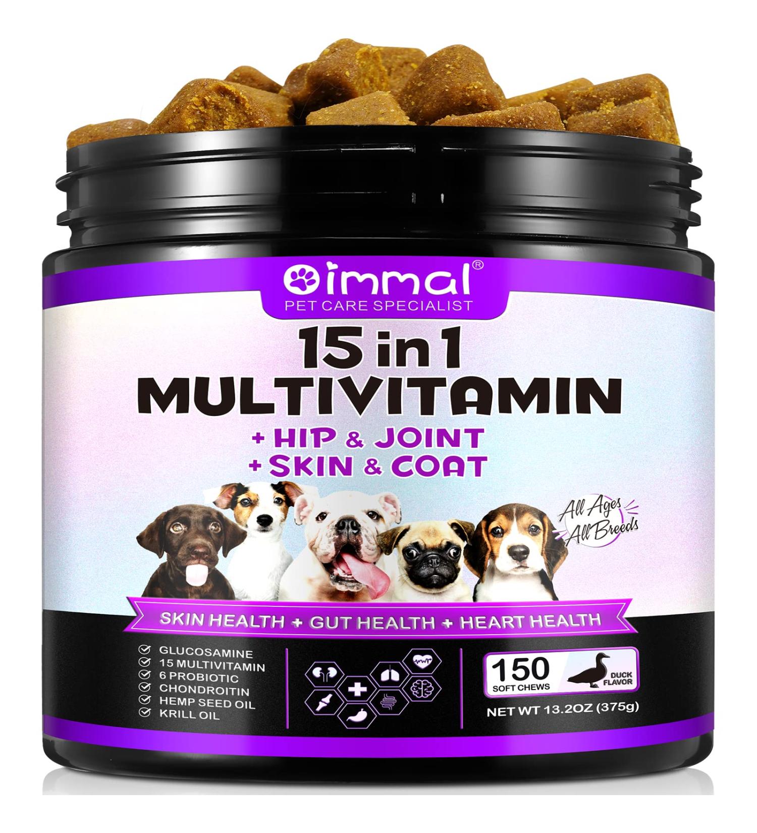 15-in-1 Dog Vitamins and Supplements 150 Chews Dog Vitamins for Dogs Hip and Joint Skin Coat Skin Health Gut Health Heart Health for All Breeds and Ages Dogs - Buy Online on SooperMarket.com