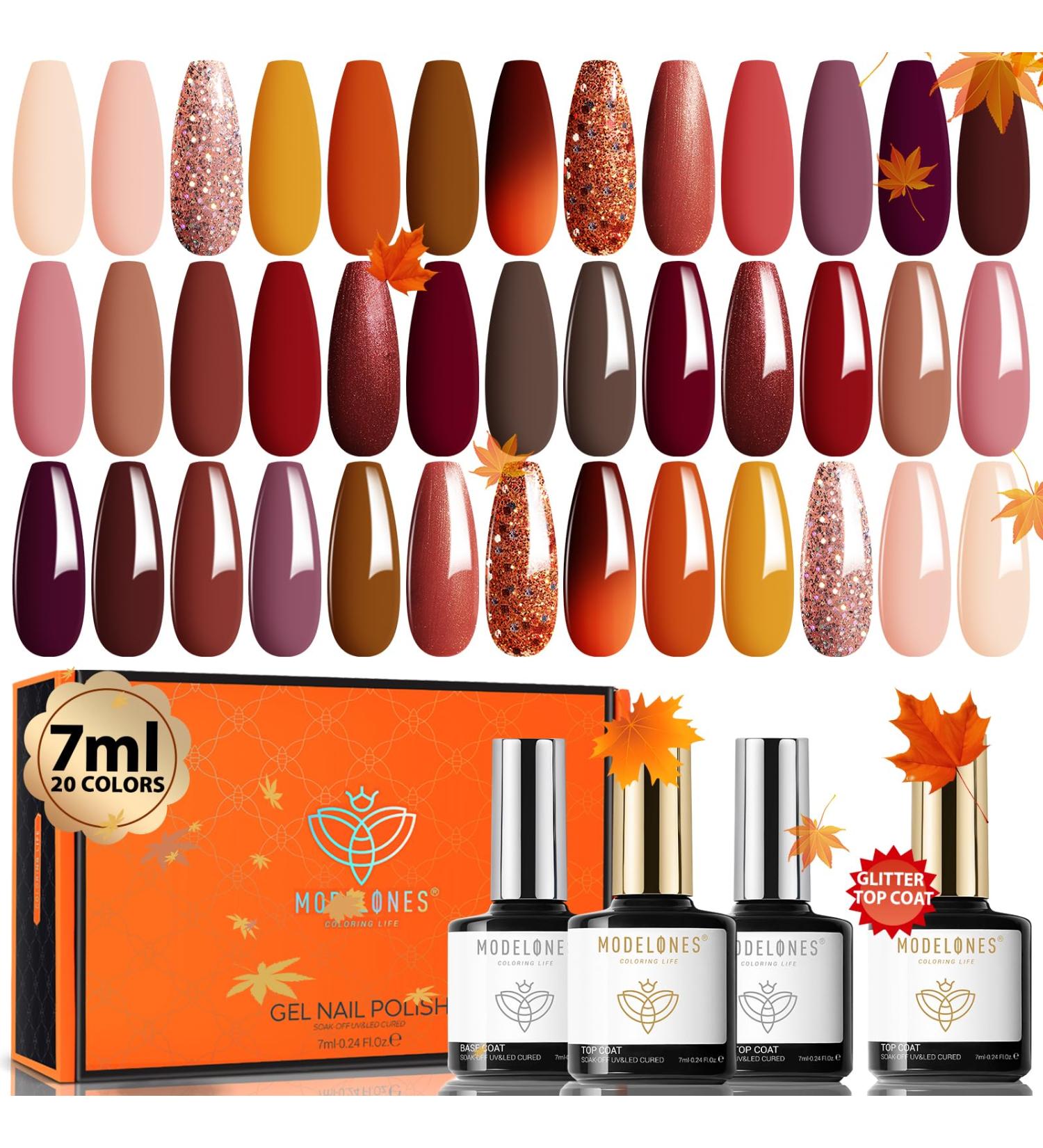 Modelones 20 Colors Gel Nail Polish Kit - Fall Pink Brown Nude Orange with Glitter | Glossy & Matte Top Base Coat for DIY Nail Art Gifts - Buy Online on SooperMarket.com