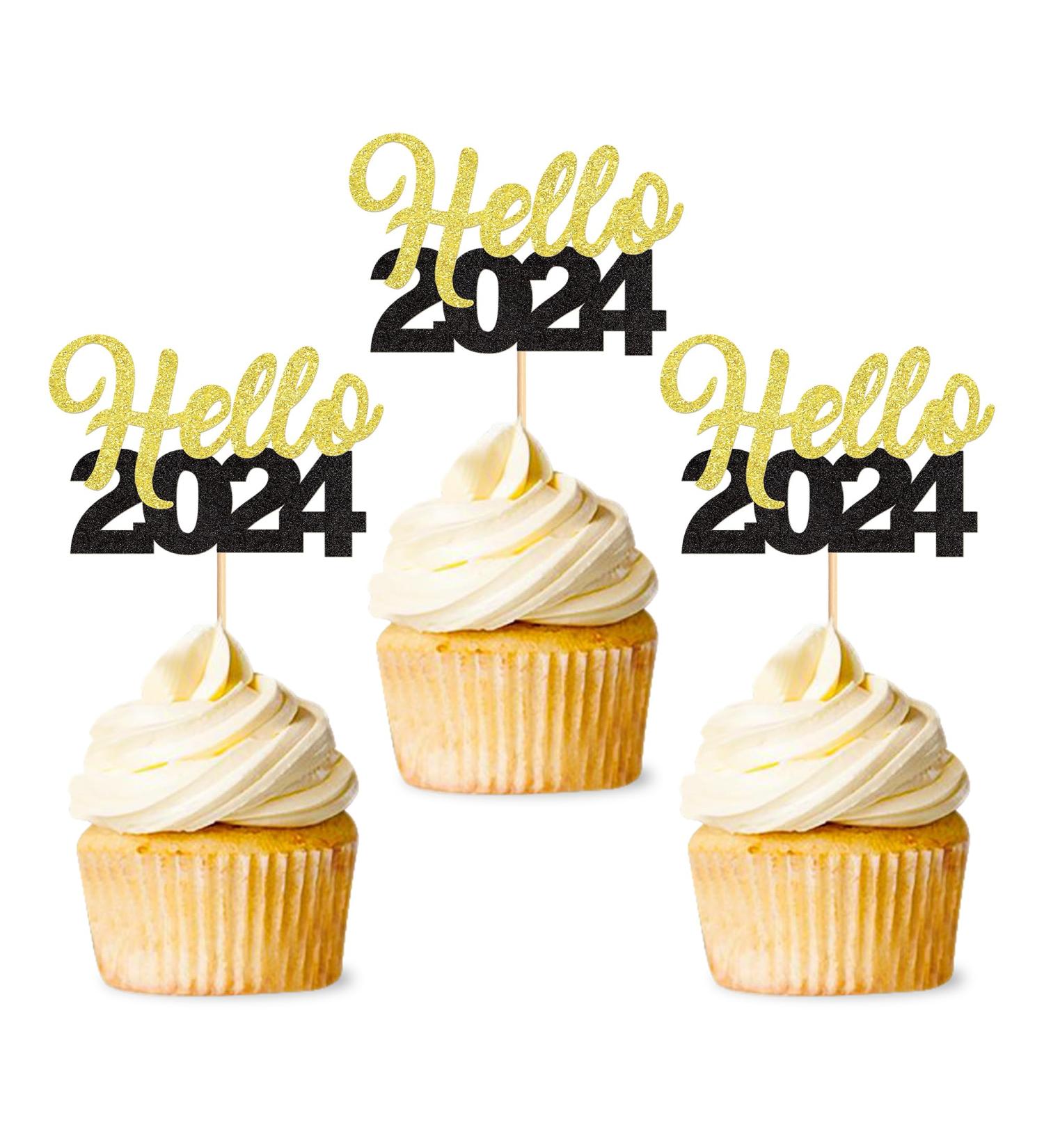 30 Pcs Glitter Happy New Year Cupcake Toppers 2024 Gold Black Cupcake topper Cheers to 2024 Cake Picks for New Years Eve Party Decoration (Hello) - Buy Online on SooperMarket.com