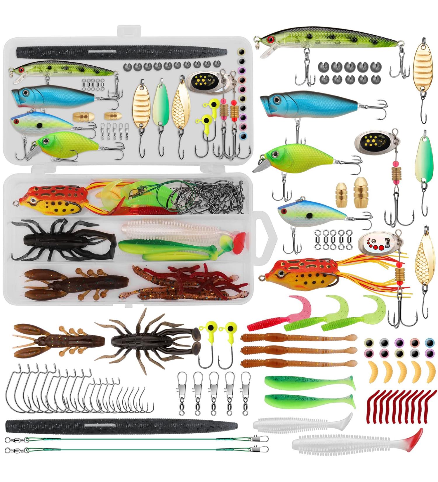 TRUSCEND 94Pcs Fishing Lures Kit - Minnow, Crankbait, Popper, Frog, Worm, Grub, Spoon, Spinner Bait - Includes Hooks, Sinker, Swivel Leader - Fishing Accessories for Economical Fishing - Buy Online on SooperMarket.com