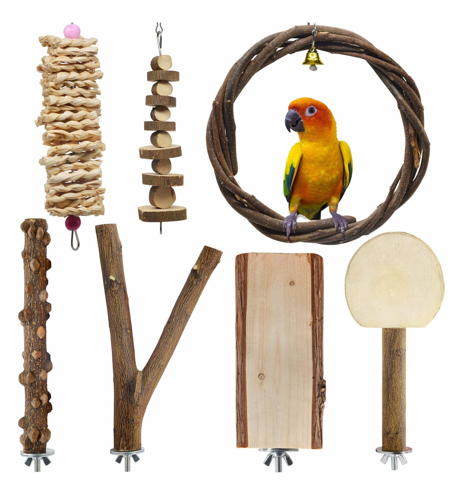LIMIO 7 PCS Bird Parrot Swing Chewing Toys - Natural Wood Perch and Cage Toys for Small Parakeets, Cockatiels, Conures, Finches, Budgies, Parrots, Love Birds - Buy Online on SooperMarket.com