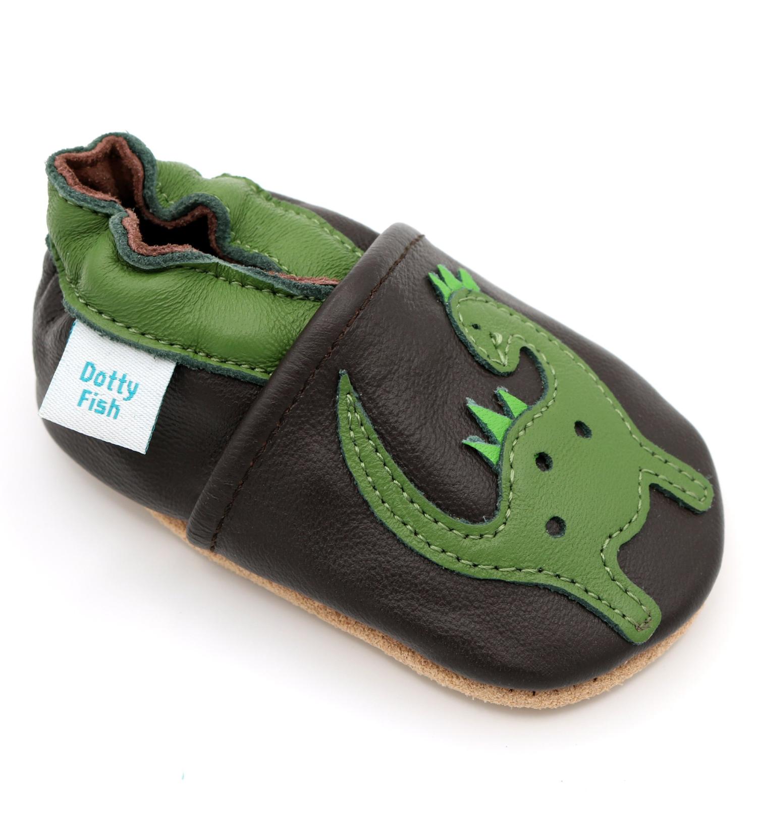 Dotty Fish Soft Leather Baby Shoes for Boys | Non Slip Toddler Shoes with Green Dinosaur Design | 0-6 Months to 4-5 Years - Buy Online on SooperMarket.com