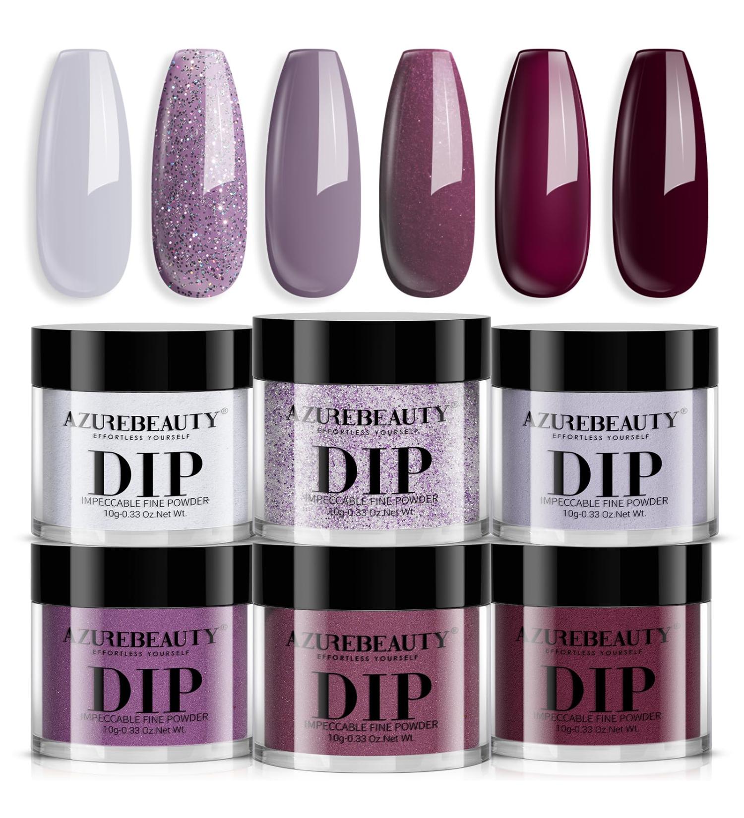 AZUREBEAUTY Dip Powder Nail Set - 6 Colors Fall Winter Purple Rose Red Glitter | DIY Salon Manicure Kit No Nail Lamp Needed - Buy Online on SooperMarket.com