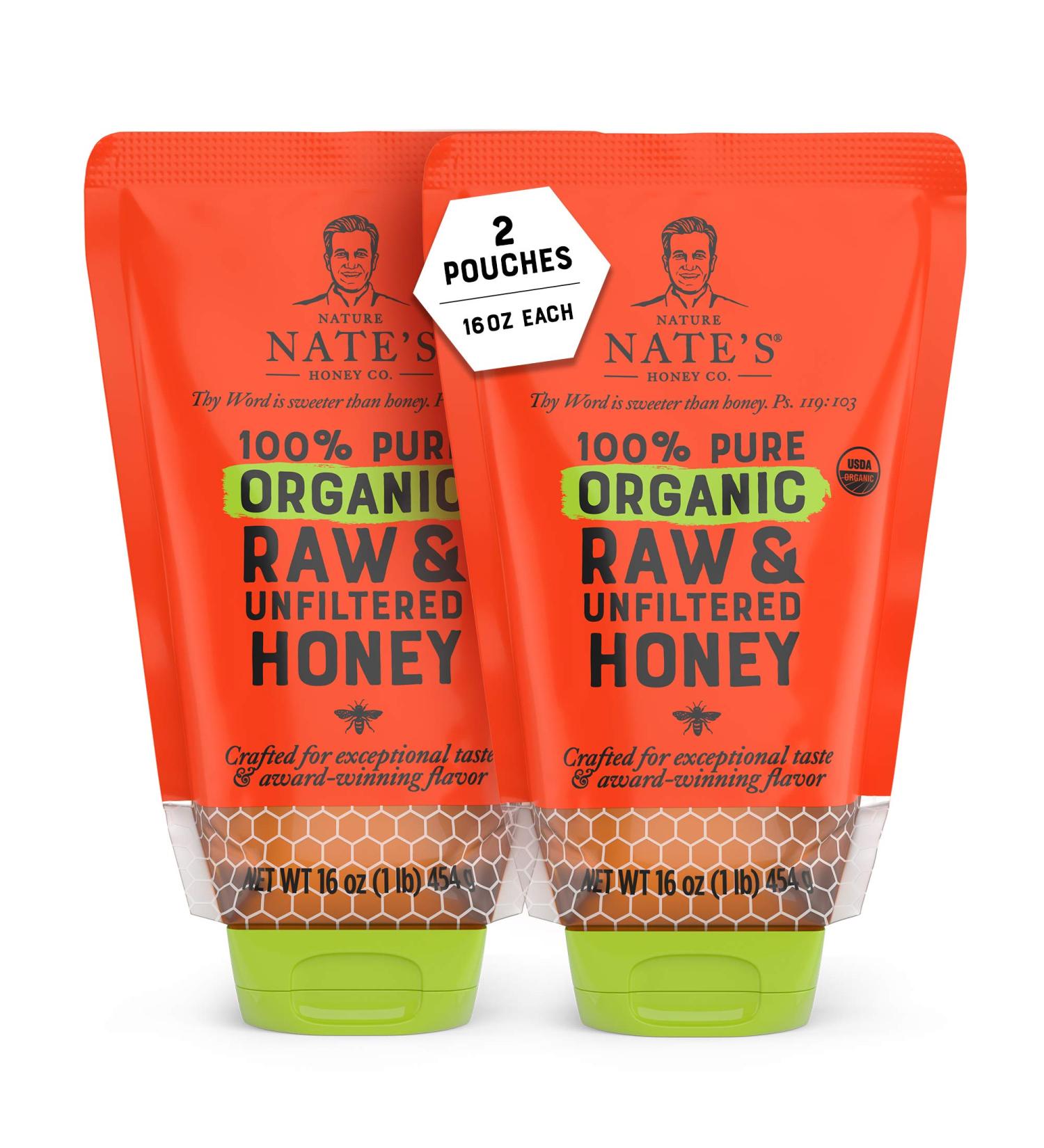 Nature Nate's 100% Pure Organic Raw Honey - 32 oz No-Drip Squeeze Pouches | USDA Certified, No Additives - Buy Online on SooperMarket.com