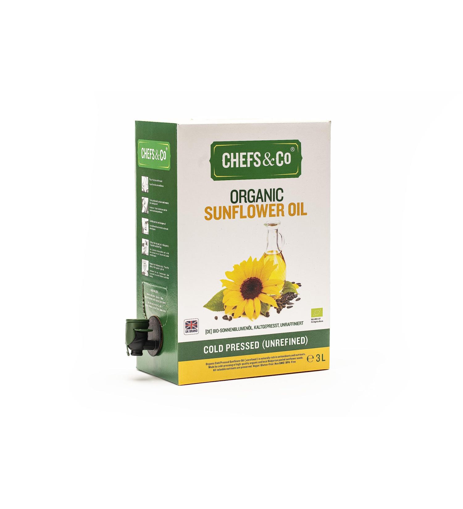 CHEFS & CO Organic COLD PRESSED Sunflower Oil | Unrefined | Premium Quality | Plant-Based Oil (3 L (Pack of 1)) 1 count (Pack of 1) - Buy Online on SooperMarket.com