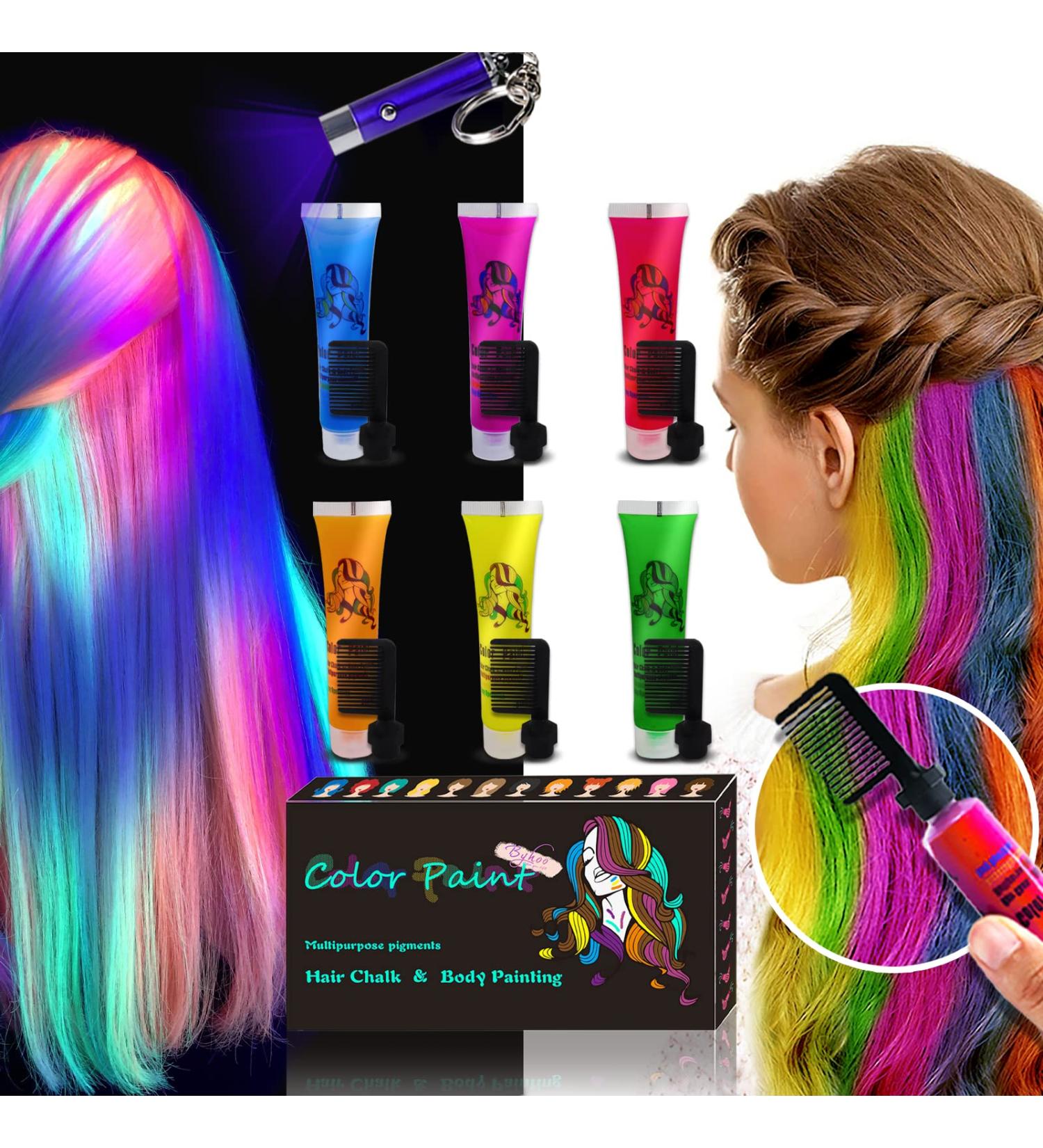 Temporary Hair Dye  Glow in the Dark Paint for Hair & Body  Super Hair Chalk for Girls  Kids Hair Dye for Party Supplies  Unique Hair Coloring Product Gifts for Kids Glow_Red_Blue_Sliver_Green_Yellow_Purple - Buy Online on SooperMarket.com