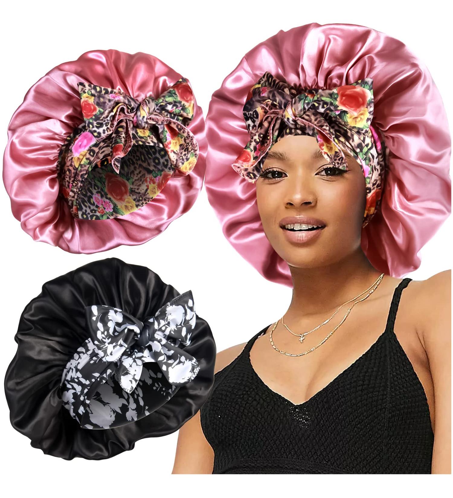 2pcs Large Silk Bonnets with Tie Band for Sleeping Curly Hair - A-black & Rose Gold - Buy Online on SooperMarket.com