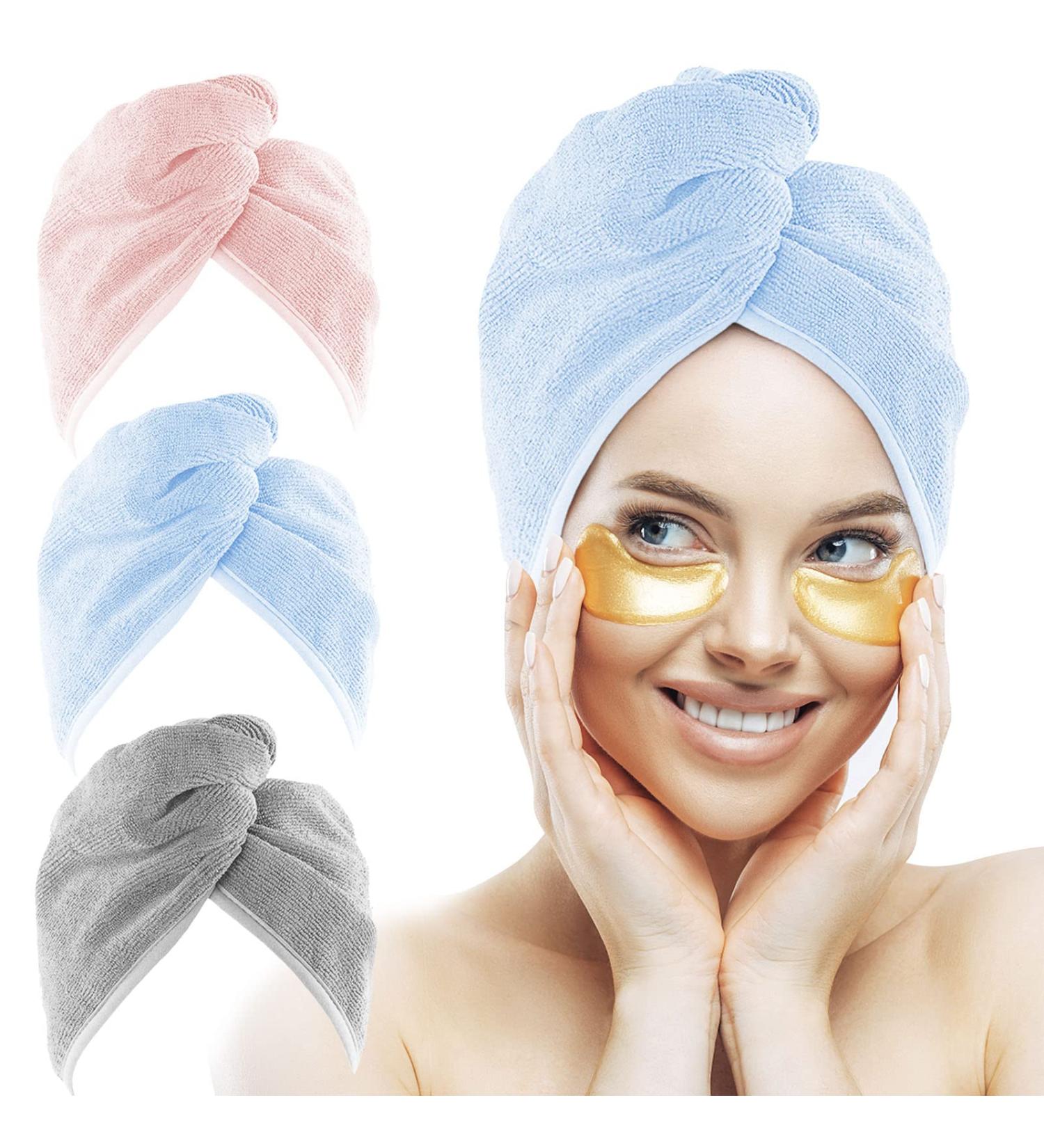 HOMEXCEL 3-Pack Microfiber Hair Towel Turbans for Women - Super Absorbent Hair Drying Wrap - Anti Frizz - 10x26 Inch (Pink-Blue-Grey) - Buy Online on SooperMarket.com