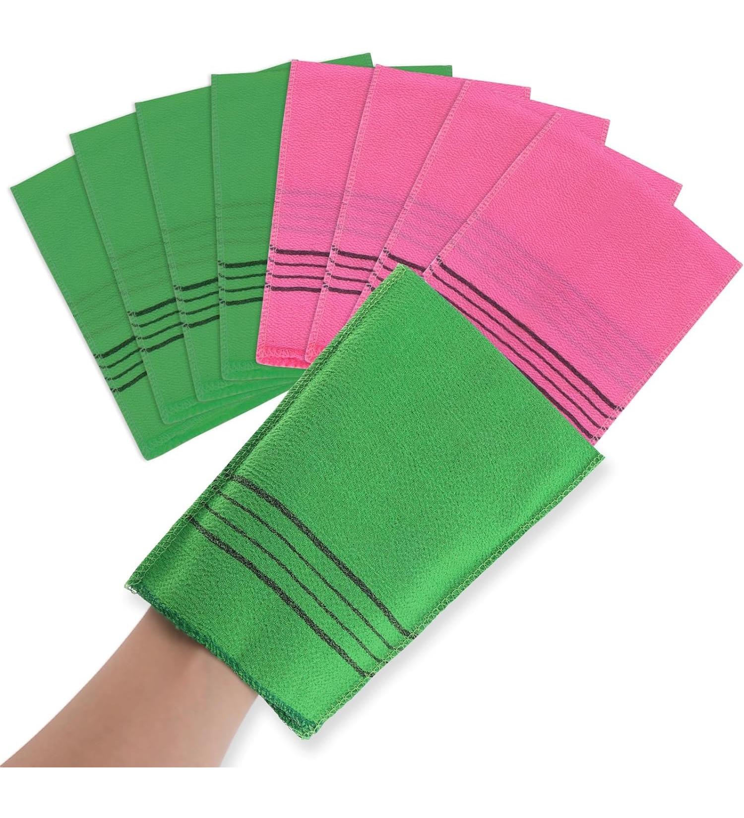 Exfoliating Gloves Set 8 pieces of peeling glove for effective body peelings and skin cleaning washable and suitable for all skin types spa and shower accessories for smooth and healthy skin (green pink)