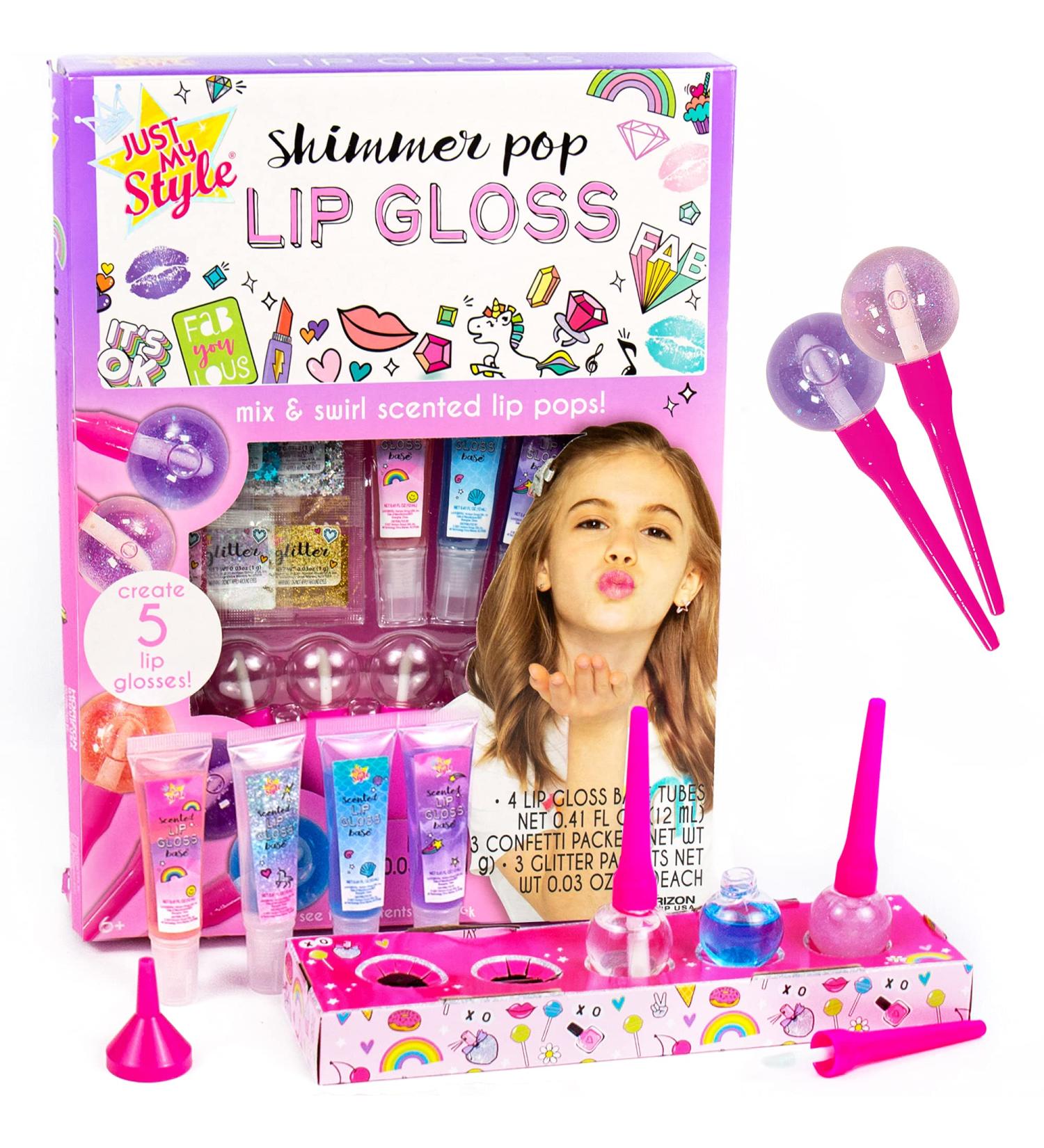 Just My Style Shimmer Pop Lip Gloss DIY Kit - Create 5 Lollipop-Shaped Glosses with Funnel, Containers, Base, Glitter & More - Buy Online on SooperMarket.com