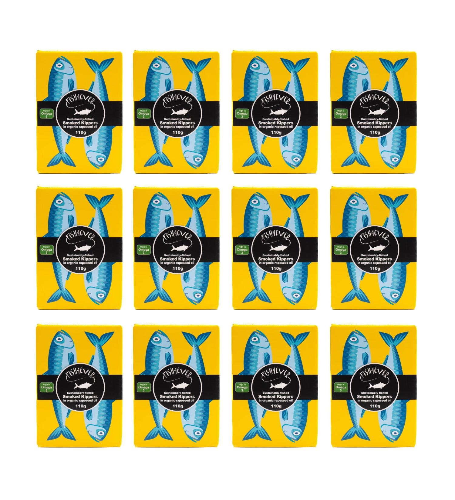 Fish 4 Ever - 12x 110g Smoked Herring Kippers In Organic Rapeseed Oil - Sustainably Fished. Tin Canned Food Rich In Omega-3. Great Used On Bread Or With Eggs (Pack of 12)