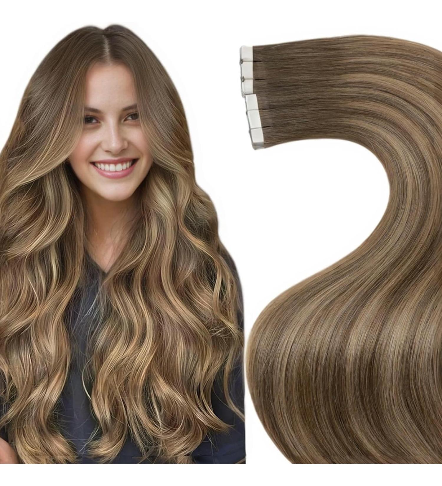 LAAVOO Tape In Hair Extensions - Balayage Brown Ombre Remy Hair - 20pcs 50g 45cm #8/16/8 - Volume & Length for Stunning Looks - Buy Online on SooperMarket.com