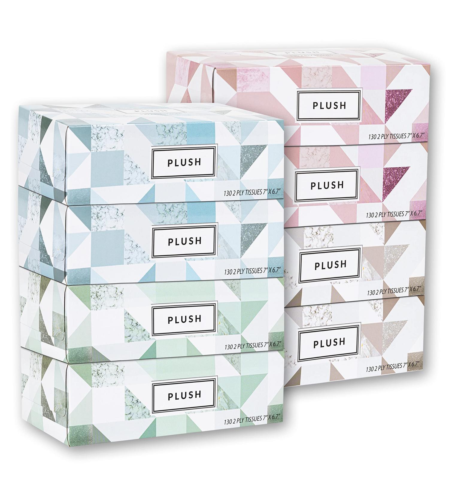 Plush Facial Tissues 130 Per Box 7 x 6.9 2 Ply Soft Smooth - Family Pack of 8, 1040 Total Tissues - Ideal for Bathroom, Office, School, Home, Kitchen, Car - Buy Online on SooperMarket.com