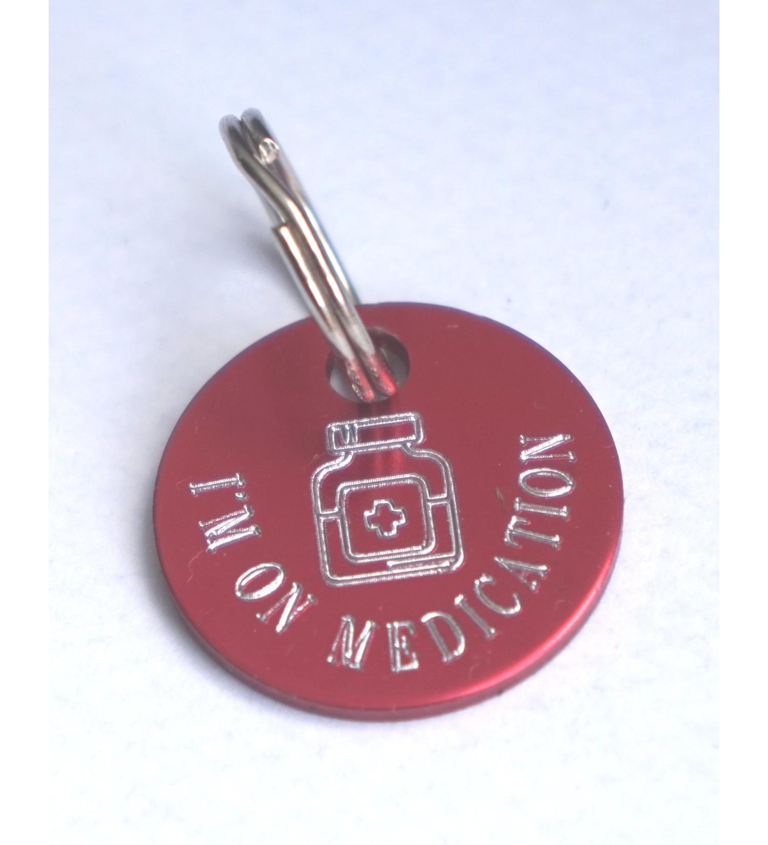 Paradise Pets ON MEDICATION CAT SAFETY ID TAG PERSONALISED ON REVERSE WITH YOUR CHOICE OF TEXT - RED WITH MEDICINE BOTTLE MOTIF