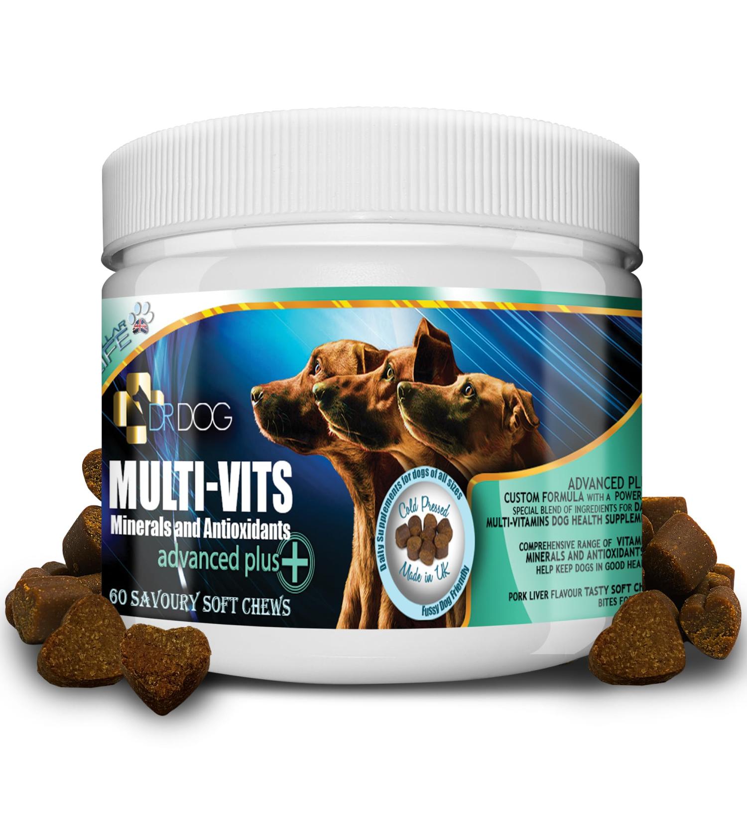 DR DOG Multivitamin for Dogs 60 Soft Chews - Essential Vitamins, Minerals & Antioxidants - Fussy Friendly & Tasty Treats - Made in UK - Buy Online on SooperMarket.com