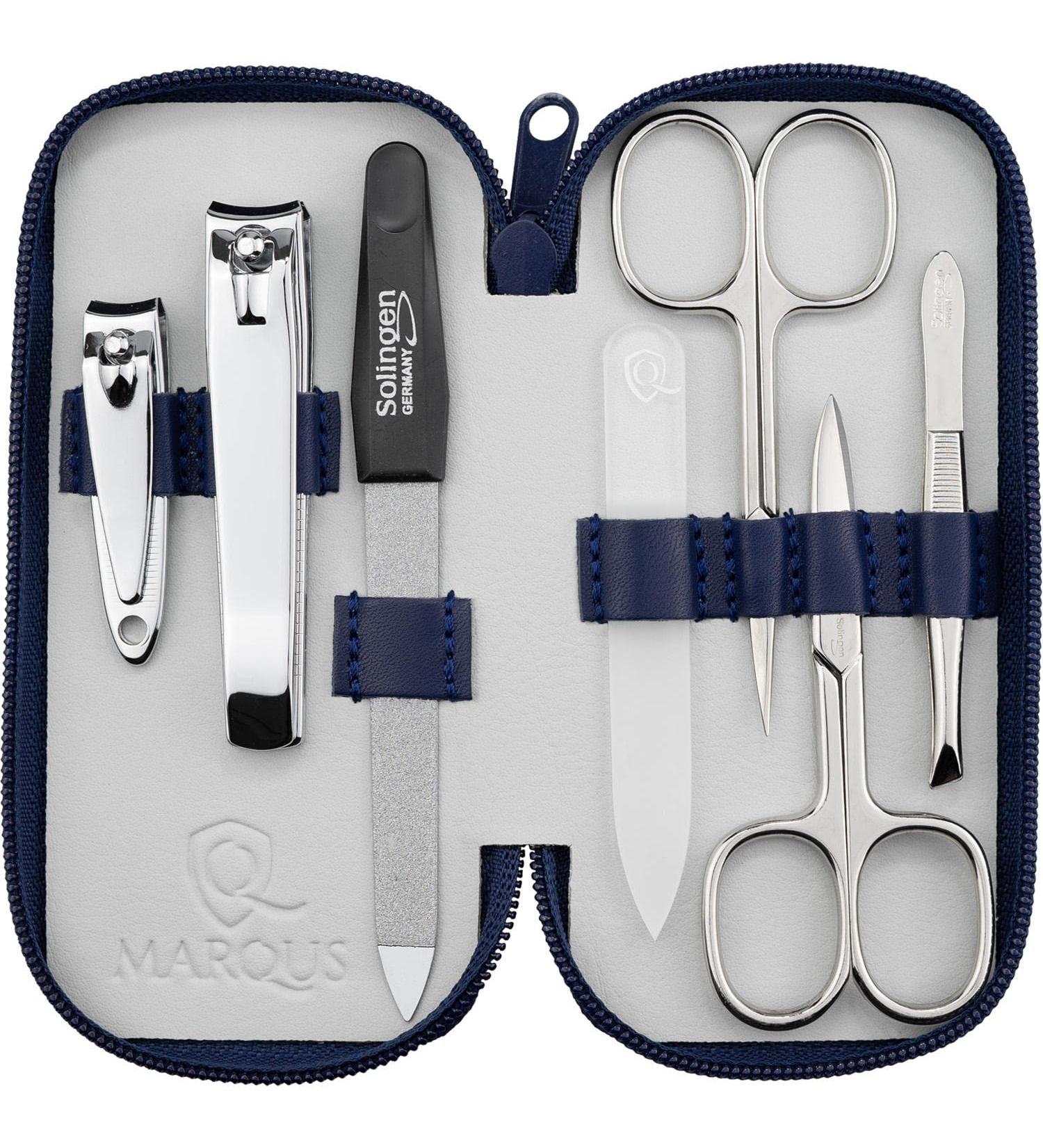 Marqus 7-Piece Manicure Set for Men & Women - Solingen Quality Patented Glass Files Real Leather Etui - Blue - Buy Online on SooperMarket.com