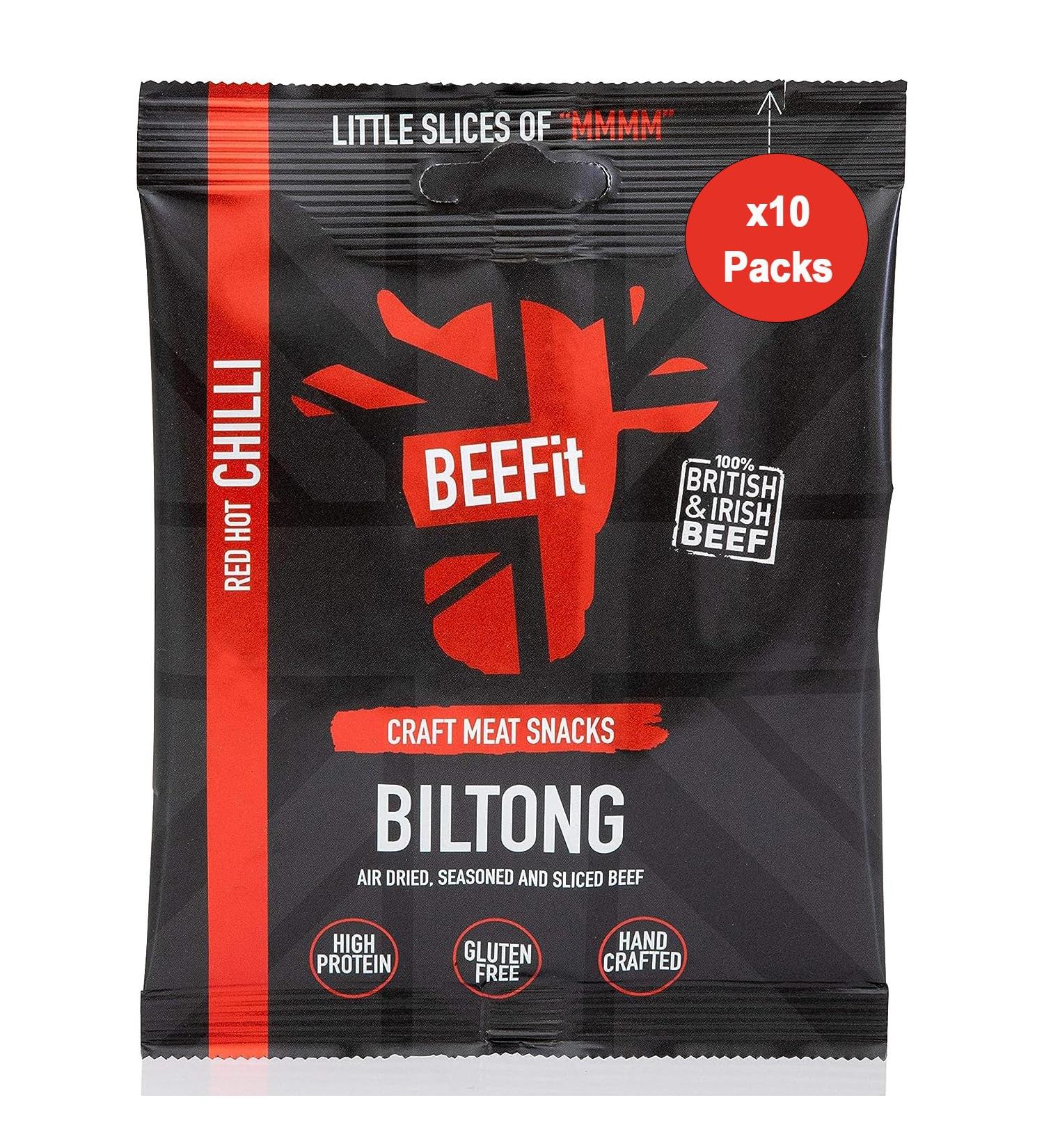 BEEFit Red Hot Chilli Biltong Beef Jerky 10x30g | High Protein, Gluten Free, Keto Friendly - Buy Online on SooperMarket.com