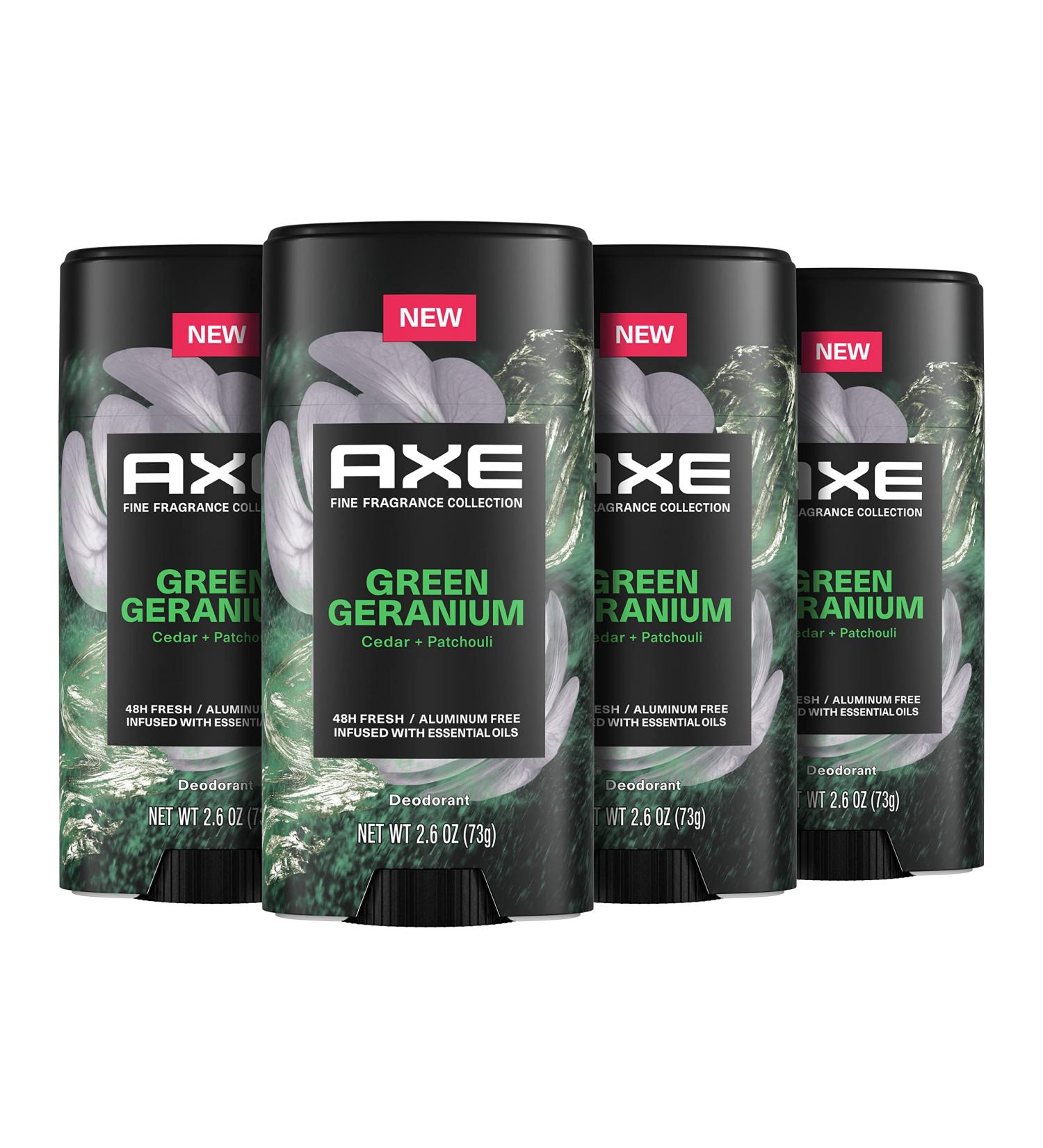 AXE Fine Fragrance Collection Aluminum No Deodorant Stick for Men Green Geranium 4 Count with 48H Odor Protection and All-Day Freshness Infused with Geranium Cedar & Patchouli Essential Oils 2.6 oz - Buy Online on SooperMarket.com