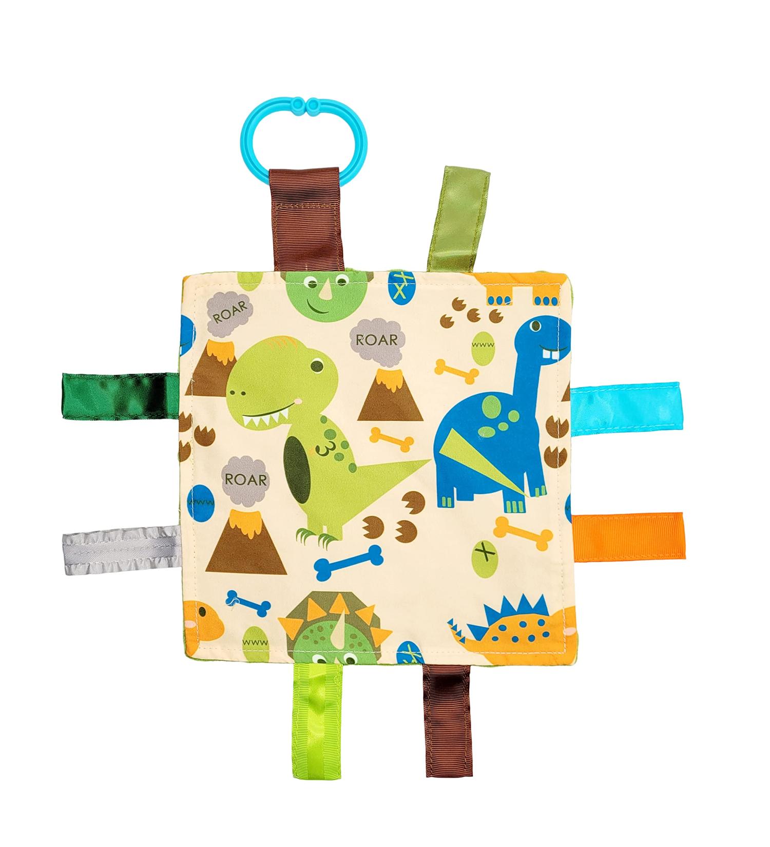 Crinkle & Teething Dinosaur Lovey Toy | Baby Sensory Square 8X8 with Ribbon Tags - Buy Online on SooperMarket.com