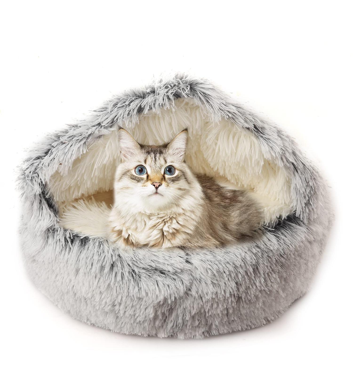 Plush Hooded Cat Bed with Blanket - Round Burrowing Cave Design for Small Dogs/Cats - Machine Washable, Slip Resistant - Ultra Soft Cushion - 24x24 inch Grey - Buy Online on SooperMarket.com