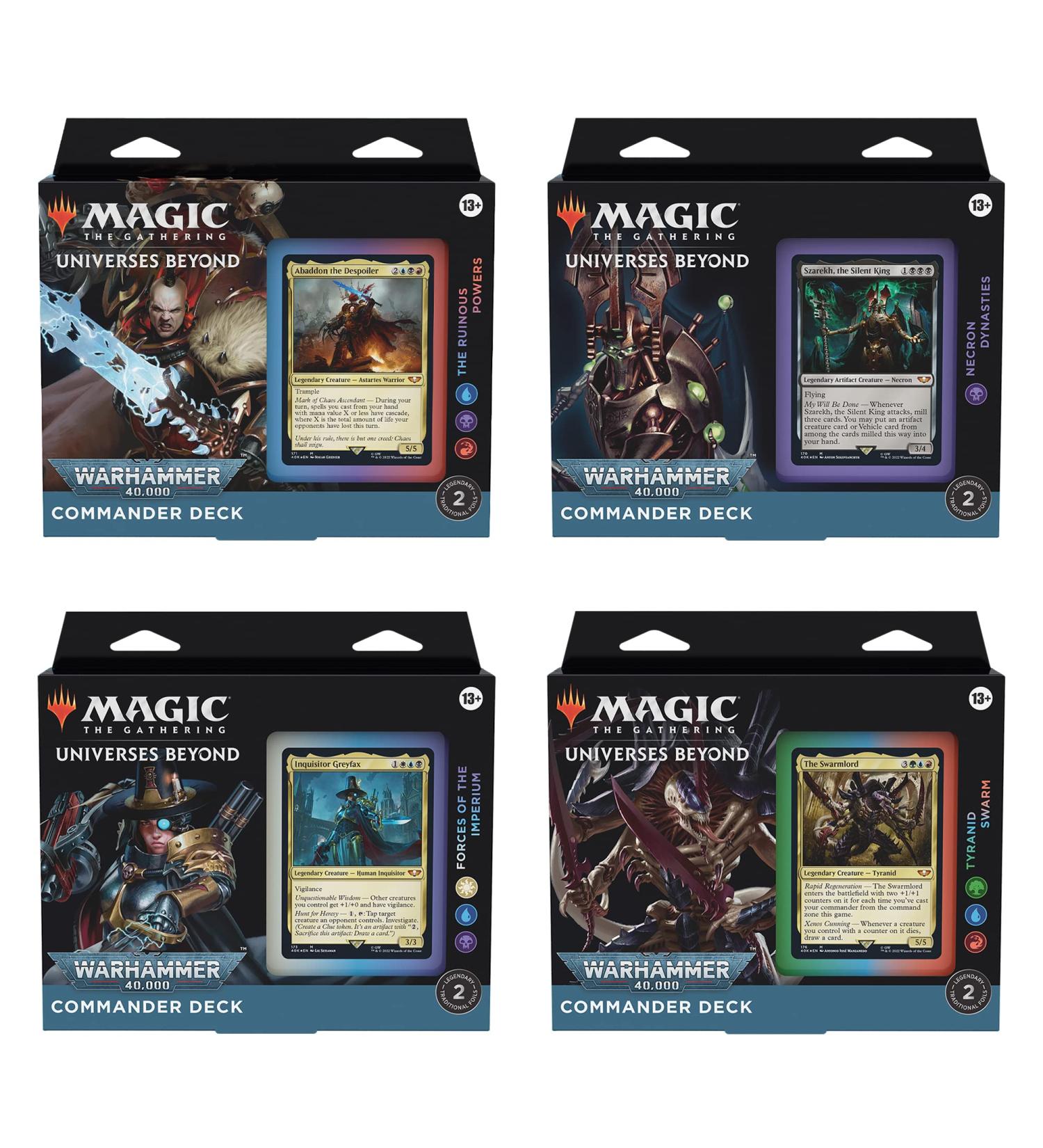 Magic the Gathering Universes Beyond Warhammer 40,000 Commander Deck Bundle - The Ruinous Powers, Necron Dynasties, Forces of the Imperium, Tyranid Swarm - Buy Online on SooperMarket.com