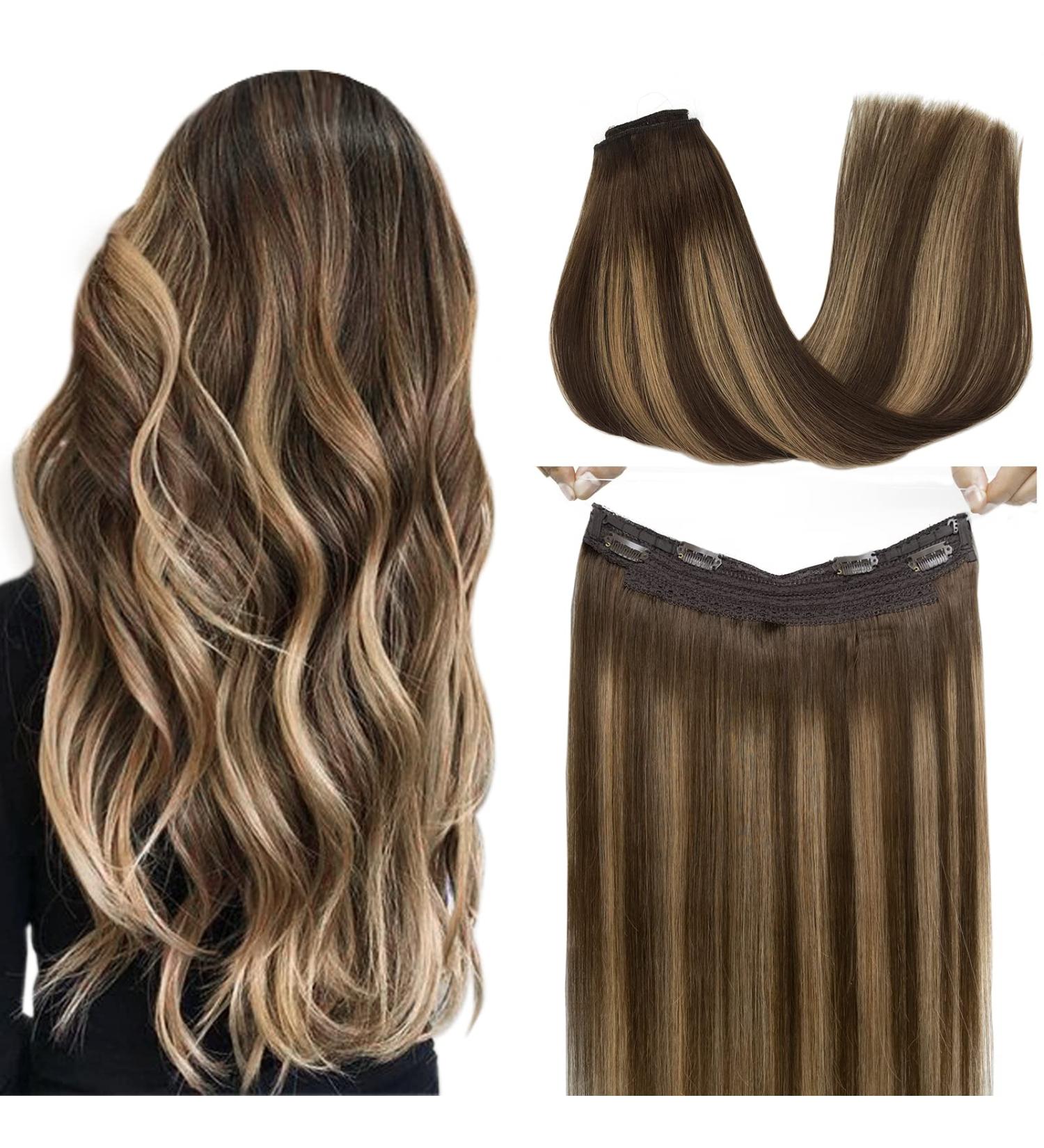 GOO GOO Balayage Chocolate Brown to Caramel Blonde Human Hair Extensions - 16 Inch Invisible Wire Hairpiece - Buy Online on SooperMarket.com