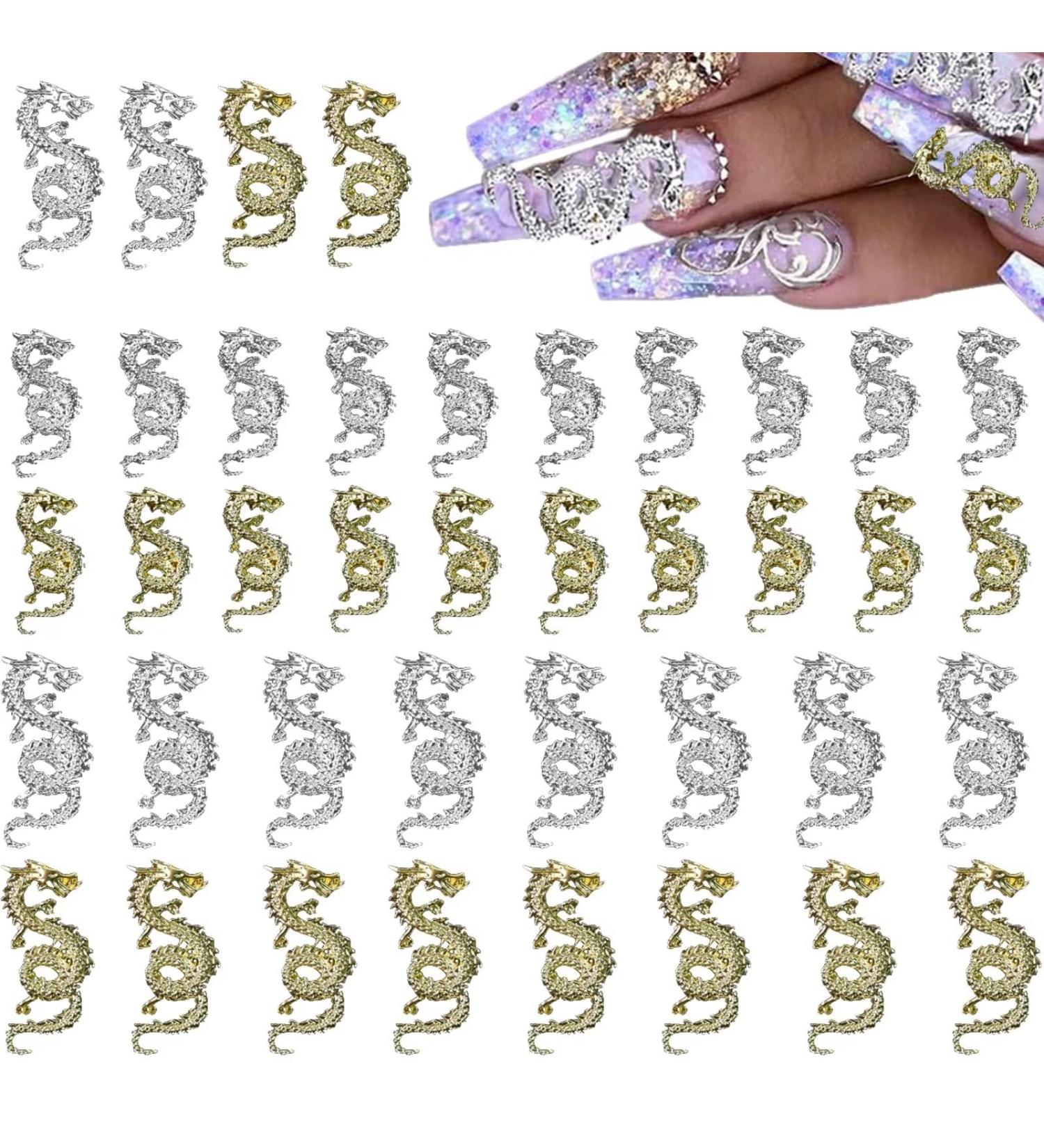 RUNRAYAY 40Pcs Gold & Silver Dragon Nail Art Studs for 3D Nail Charms Dragon Nail Decoration for Women Girl DIY Nail Art Decor - Buy Online on SooperMarket.com