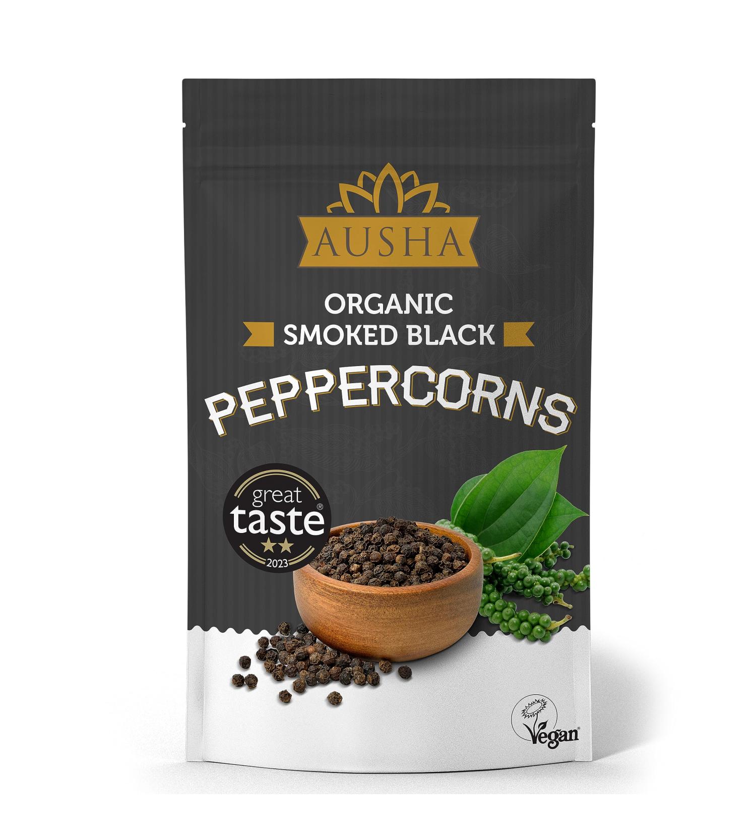 Ausha Organic Black Peppercorns 100g | 2** Star Great Taste Award 2023 | Smoked for Cooking | Certified Organic - Buy Online on SooperMarket.com