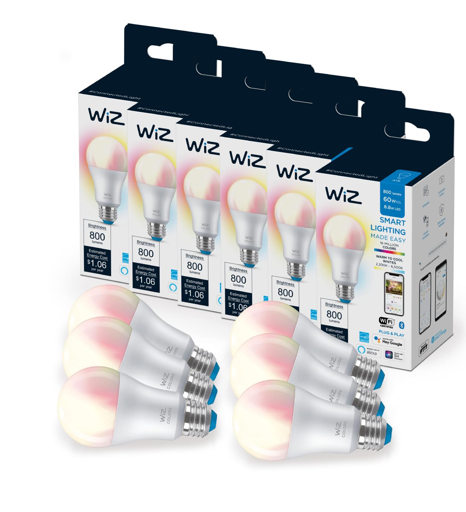 WiZ Connected 6-Pack Color 60W A19 Smart WiFi Light Bulb  16 Million Colors  Compatible with Alexa and Google Home Assistant  No Hub Required  6 Bulbs A19 Color 6 Count (Pack of 1) - Buy Online on SooperMarket.com