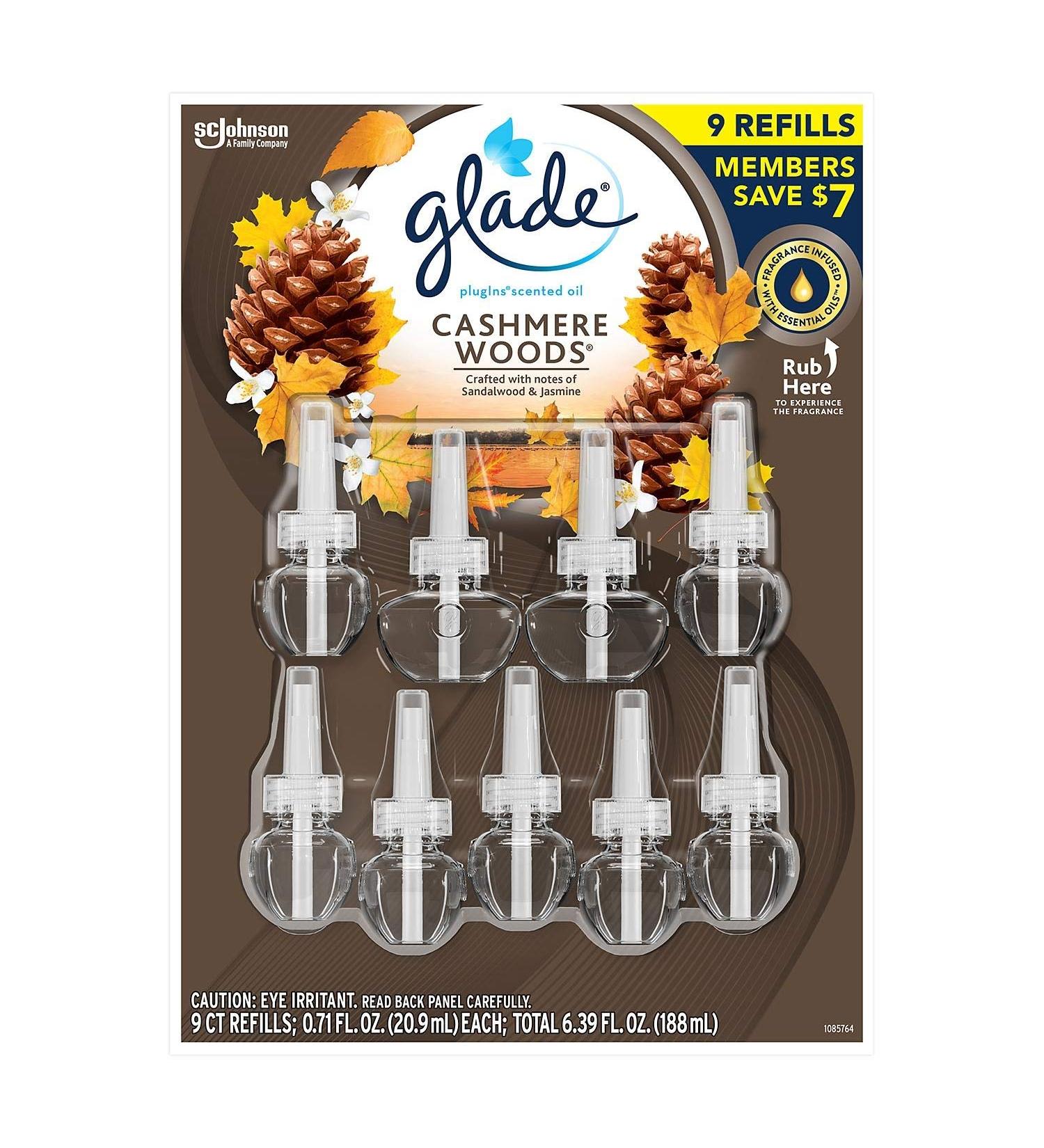 Glade PlugIns Scented Oil Refill Essential Oil Infused Wall Plug in 6.39 fl. oz 9 ct. (Cashmere Woods)