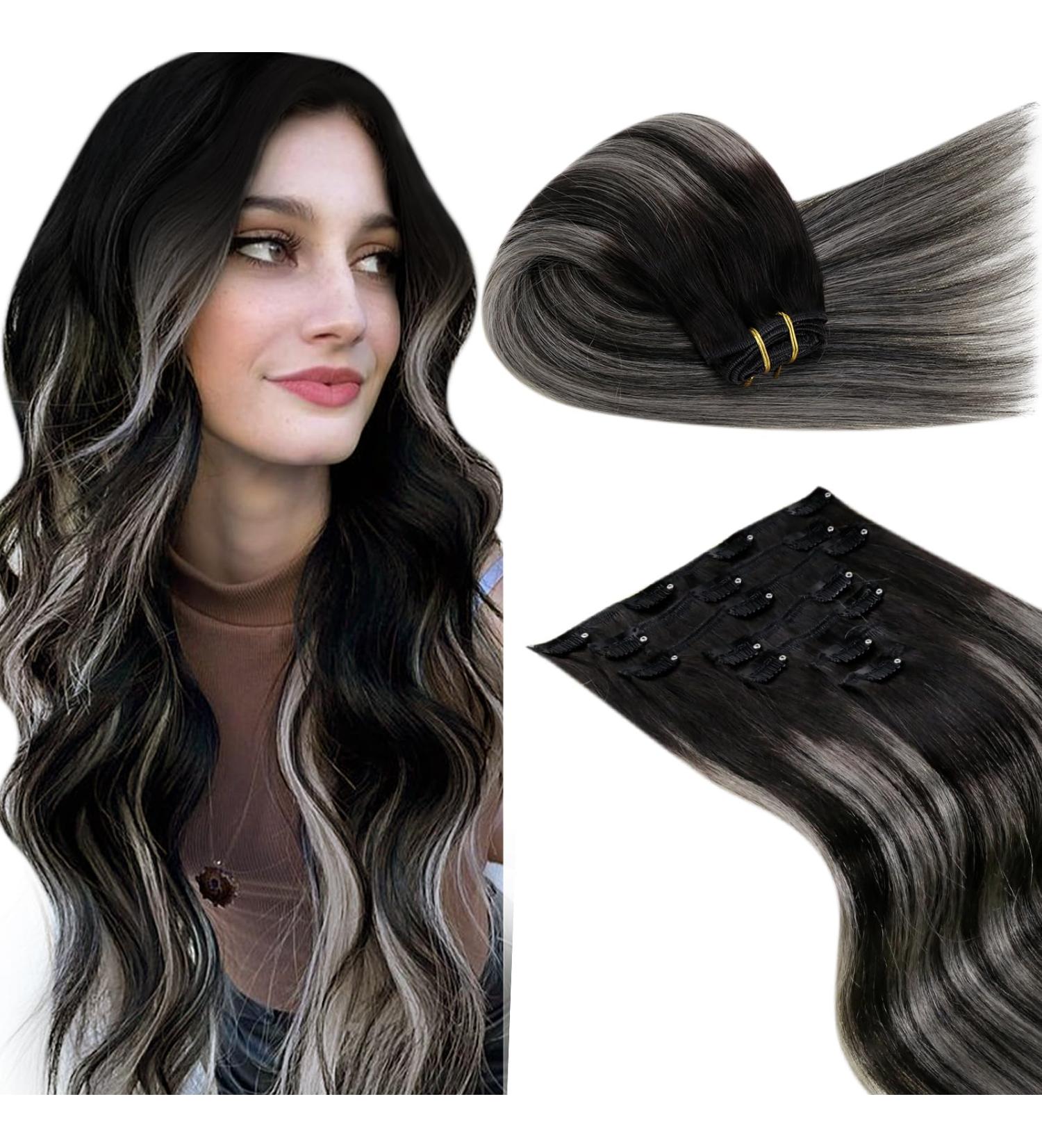 Buy Laavoo Ombre Clip-In Extensions - Real Hair 7PCs 105g 35cm Balayage Black/Silver | Remy Hair Quality - Buy Online on SooperMarket.com