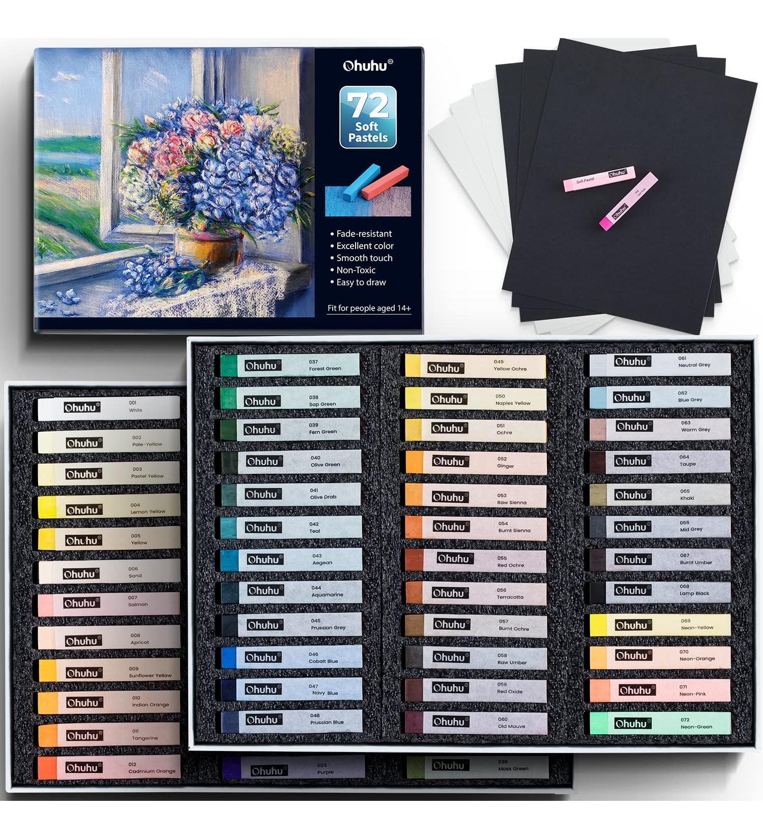 Ohuhu 72 Long Chalk Pastels Set - Soft Pastels for Artists - Includes 4 Fluorescent Colors and 6 Pastel Papers - Art Supplies for Drawing, Blending, Shading - Ideal for Adults, Kids, Beginners - Buy Online on SooperMarket.com
