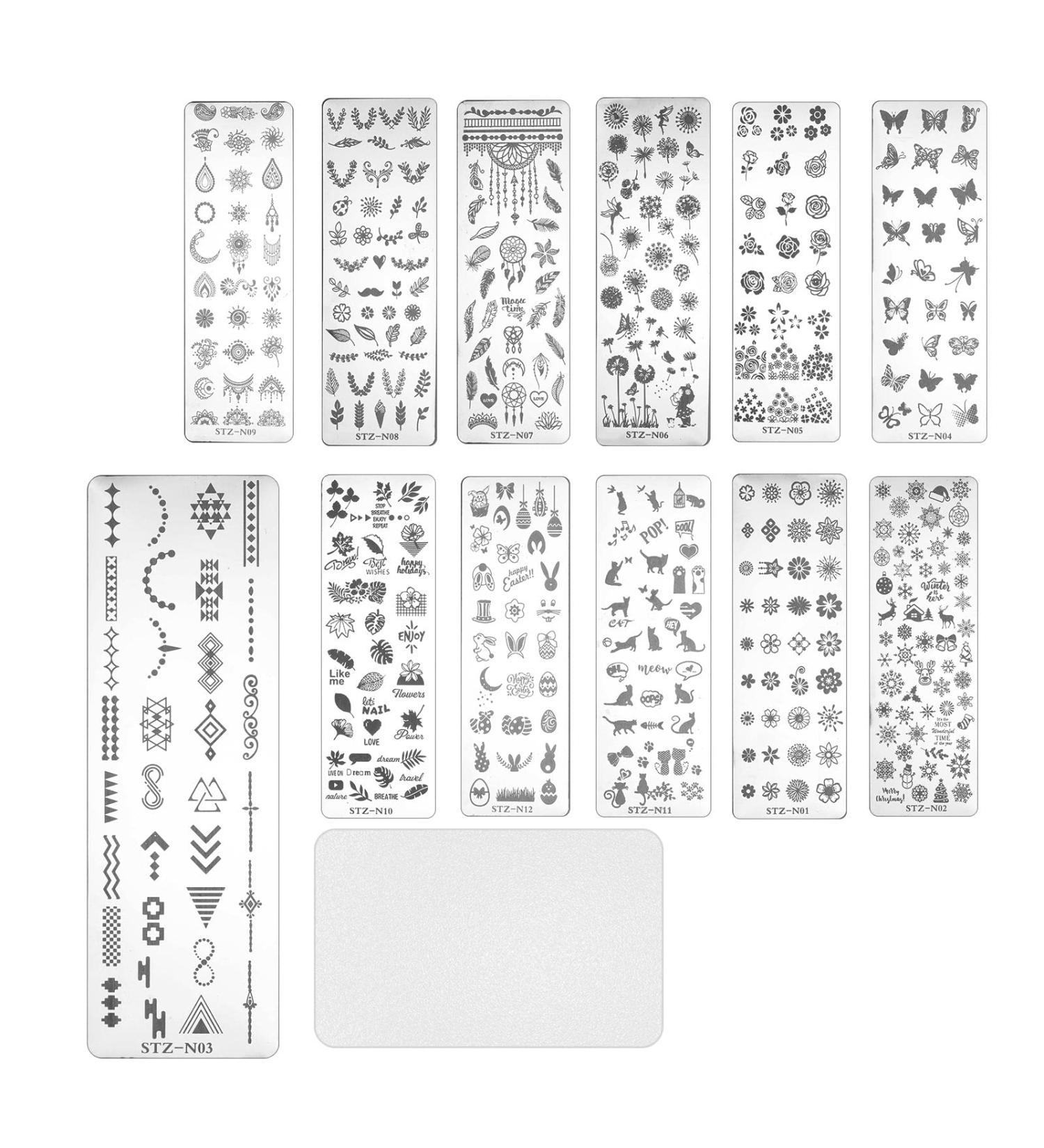 13-Piece Nail Art Punching Panels & Scrapers - Flower & Animal Patterns for Professional DIY Manicure | International Shipping - Buy Online on SooperMarket.com