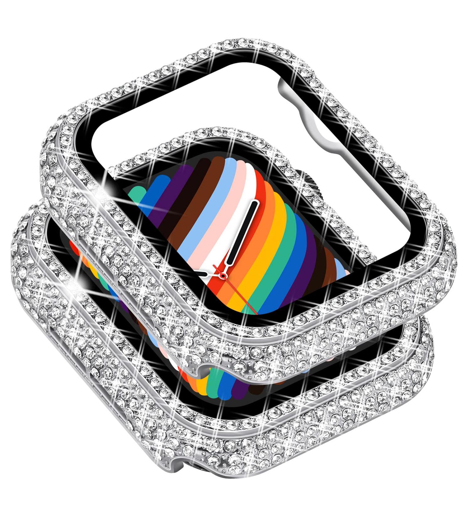 Surace Bling Apple Watch Case 44mm with Screen Protector - 300 Crystal Diamond Tempered Glass Cover for Apple Watch Series 6/5/4/3/2/1 - Silver - Buy Online on SooperMarket.com