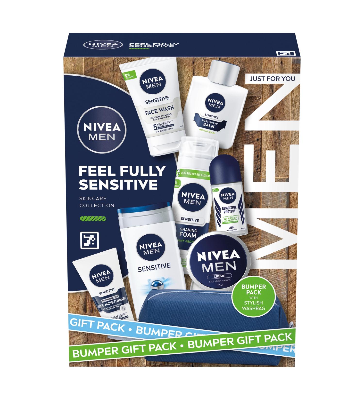 NIVEA MEN Feel Fully Sensitive Skincare Gift Set (8 Products) Includes Shower Gel Anti-Perspirant Face Wash Shaving Foam Post Shave Balm Moisturisers and Wash Bag - Buy Online on SooperMarket.com