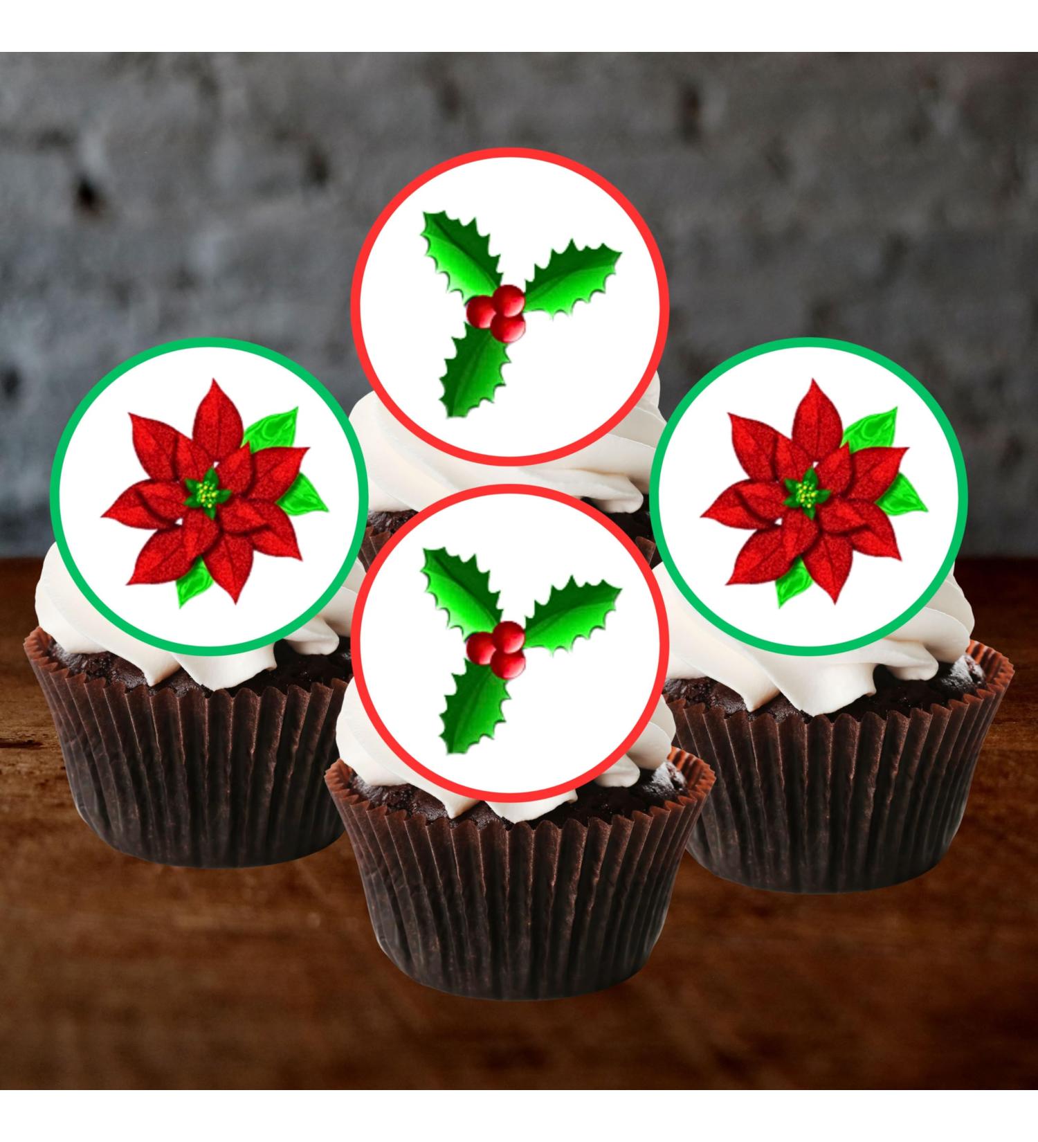 PRECUT Christmas Poinsettia Holly Cupcake Toppers Christmas Edible Holly Cake Decorations Christmas Cake Topper Xmas Cupcake Decoration Poinsettia Cake Decorations (12) - Buy Online on SooperMarket.com