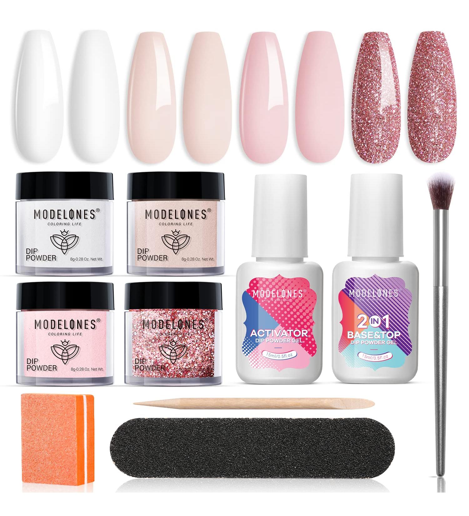 Modelones 10 Pcs Dip Powder Nail Kit Starter Set | Nude Pink Glitter Neutral Skin Colors | 15ml 2 in 1 Base & Top Coat Activator | Nail Art DIY Salon A1- Light Pink - Buy Online on SooperMarket.com