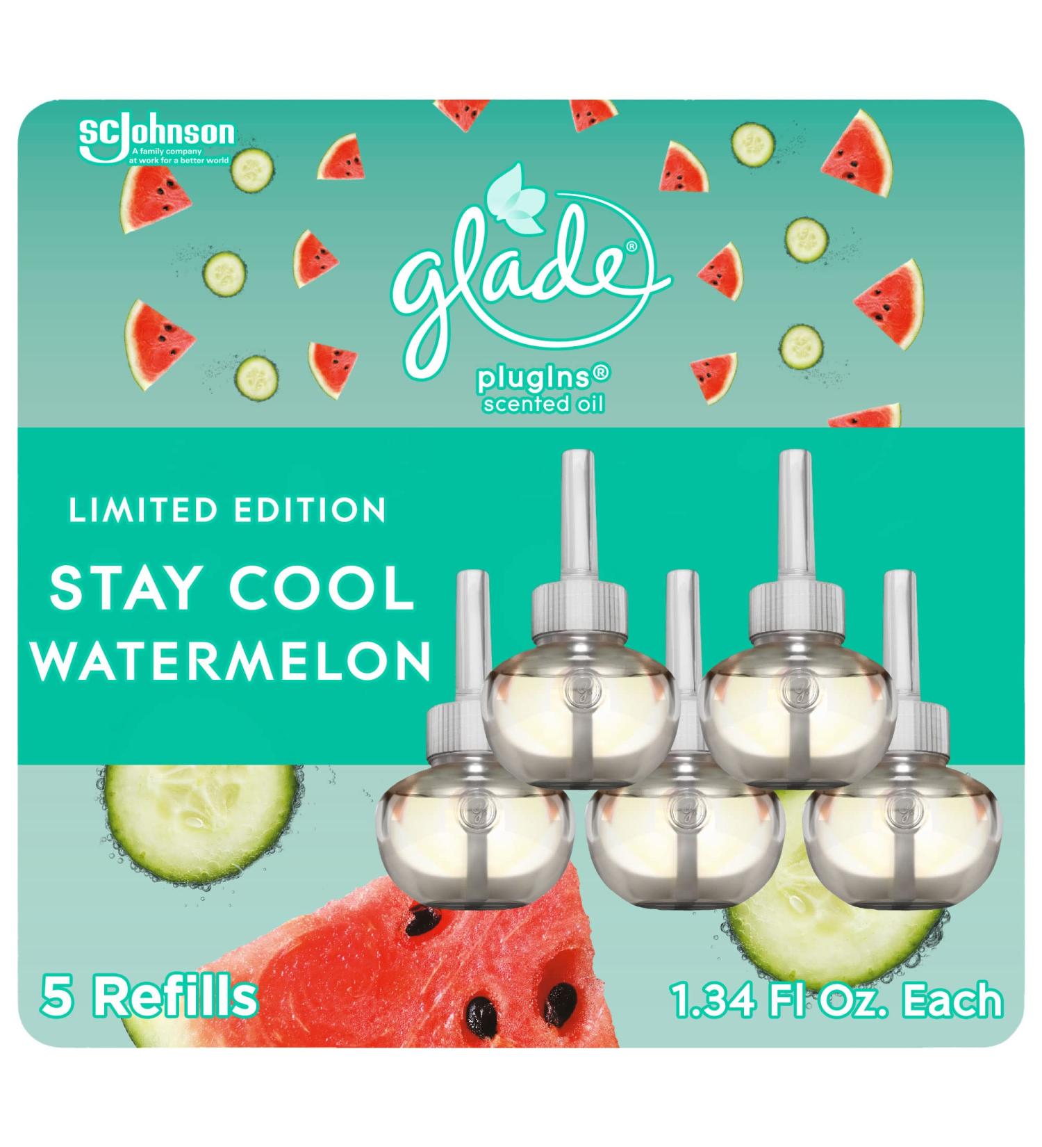 Glade PlugIns Refills 5 Count - Stay Cool Watermelon Scented Essential Oils for Home & Bathroom - 3.35 Fl Oz - Buy Online on SooperMarket.com