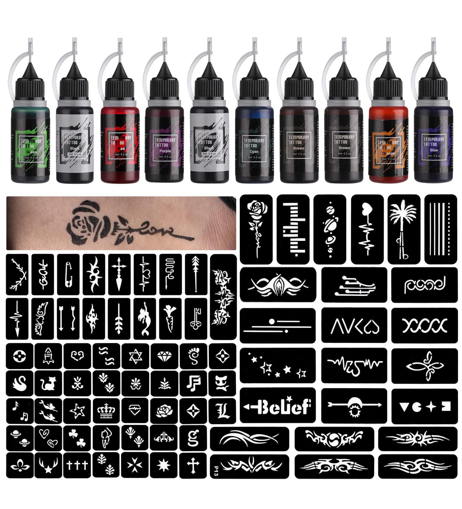 STIGMA Temporary Tattoo Kit - 10 Color Inks, 84 Stencils, DIY Body Paint and Fake Tattoos for Women and Kids - Buy Online on SooperMarket.com