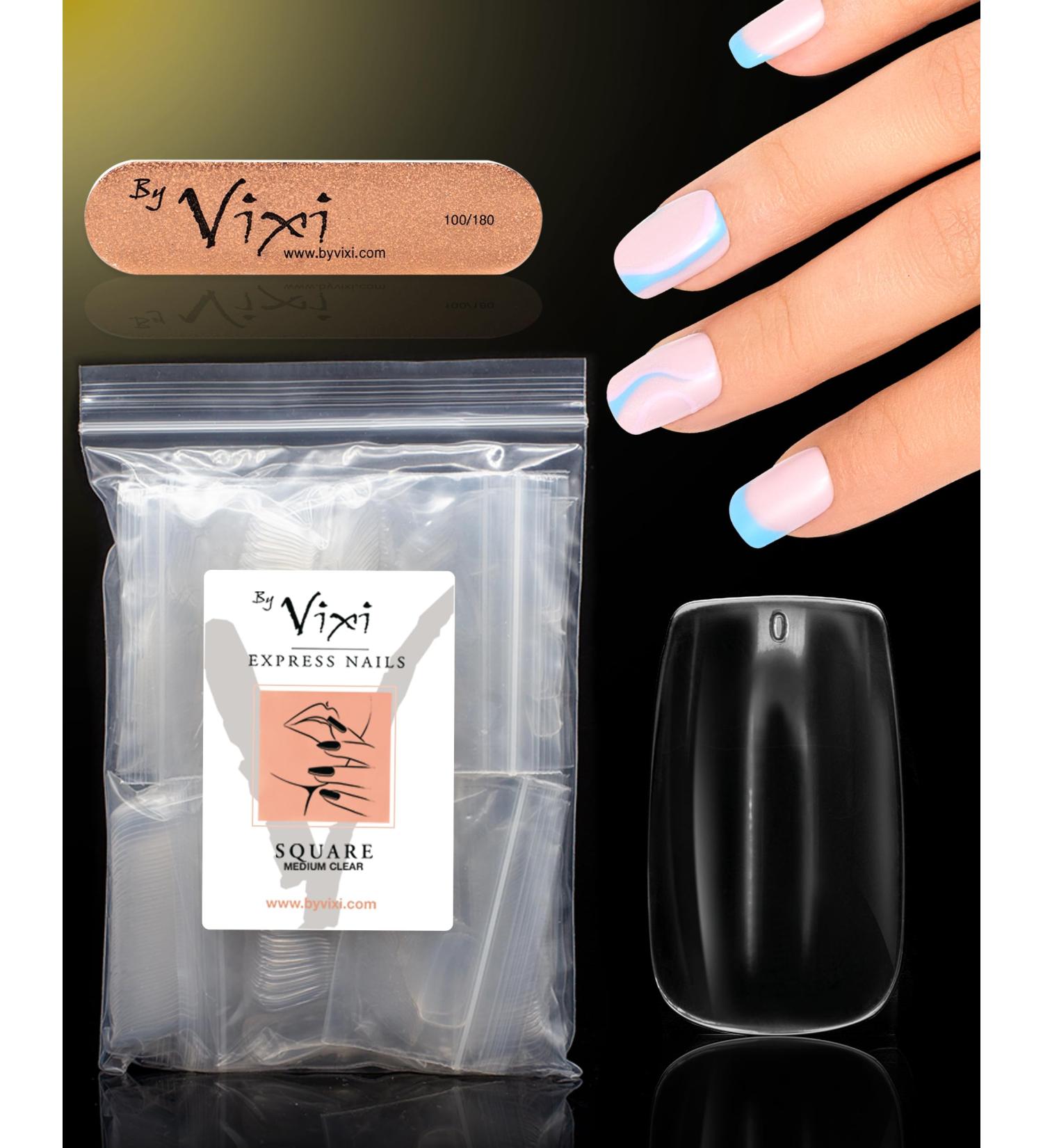 Vixi 600 Medium Square Nail Set with Prep File | Clear Express Full Cover False Fingernail Extensions - 10 Sizes | For Salon Professionals & Home Use - Buy Online on SooperMarket.com