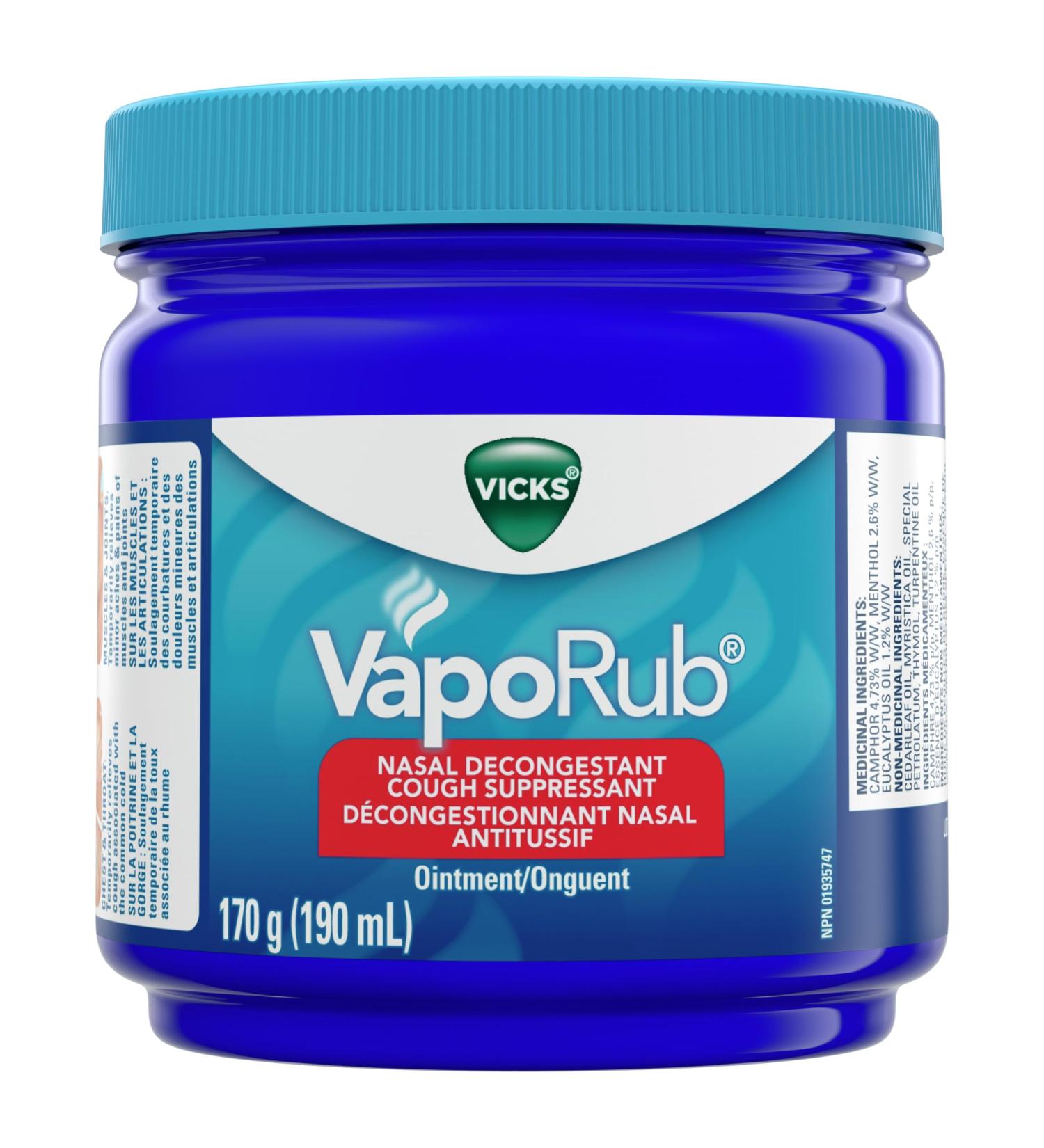 Vicks VapoRub Nasal Decongestant Cough Suppressant Relief from Cold Aches & Pains Chest Rub Ointment Original scent 170 g/190 mL 190 mL Original - Buy Online on SooperMarket.com