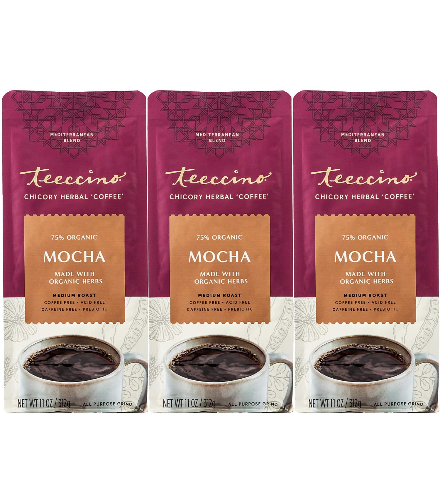 Teeccino Mocha Chicory Coffee Alternative - Prebiotic, Caffeine Free, Acid Free - 11oz (Pack of 3) Medium Roast - Buy Online on SooperMarket.com