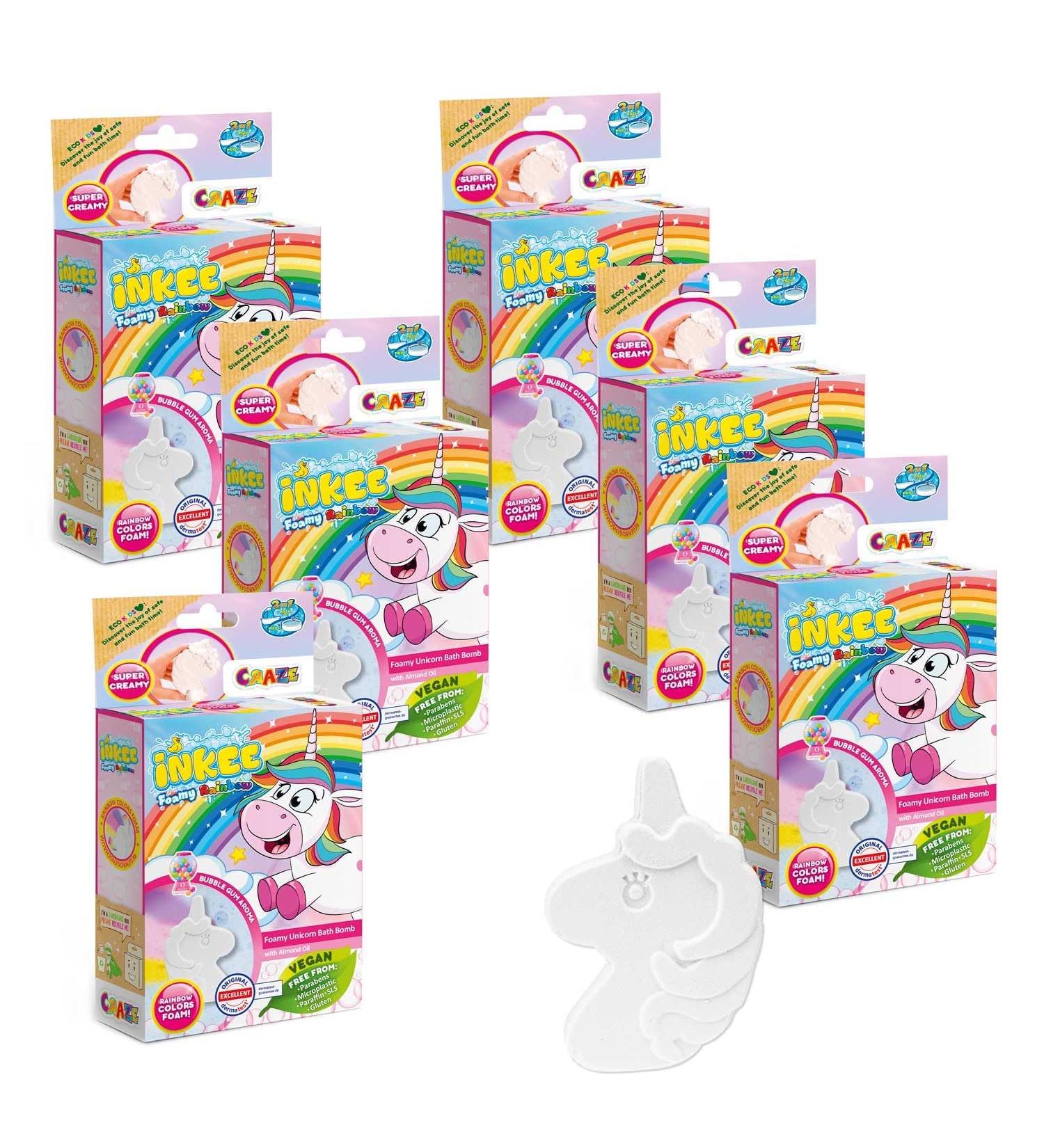 Inkee Foamy Unicorn 6 Pack 6 Bathing Balls for Kids | Unicorn-Shaped Foaming Bombs | Chewing Gum Fragrance & Almond Oil | International Shipping Available - Buy Online on SooperMarket.com