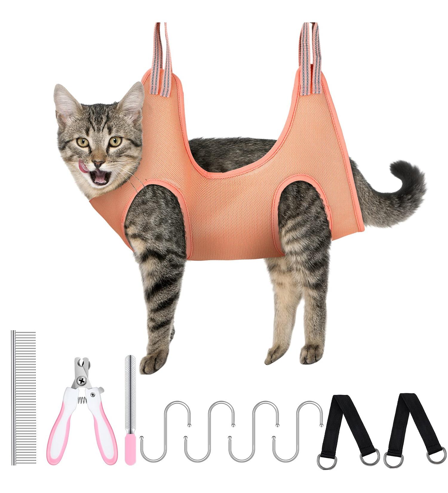 Pink Pet Grooming Hammock Kit for Cats & Dogs with Nail Clippers, Comb & File - Adjustable Harness for Bathing & Washing - Buy Online on SooperMarket.com