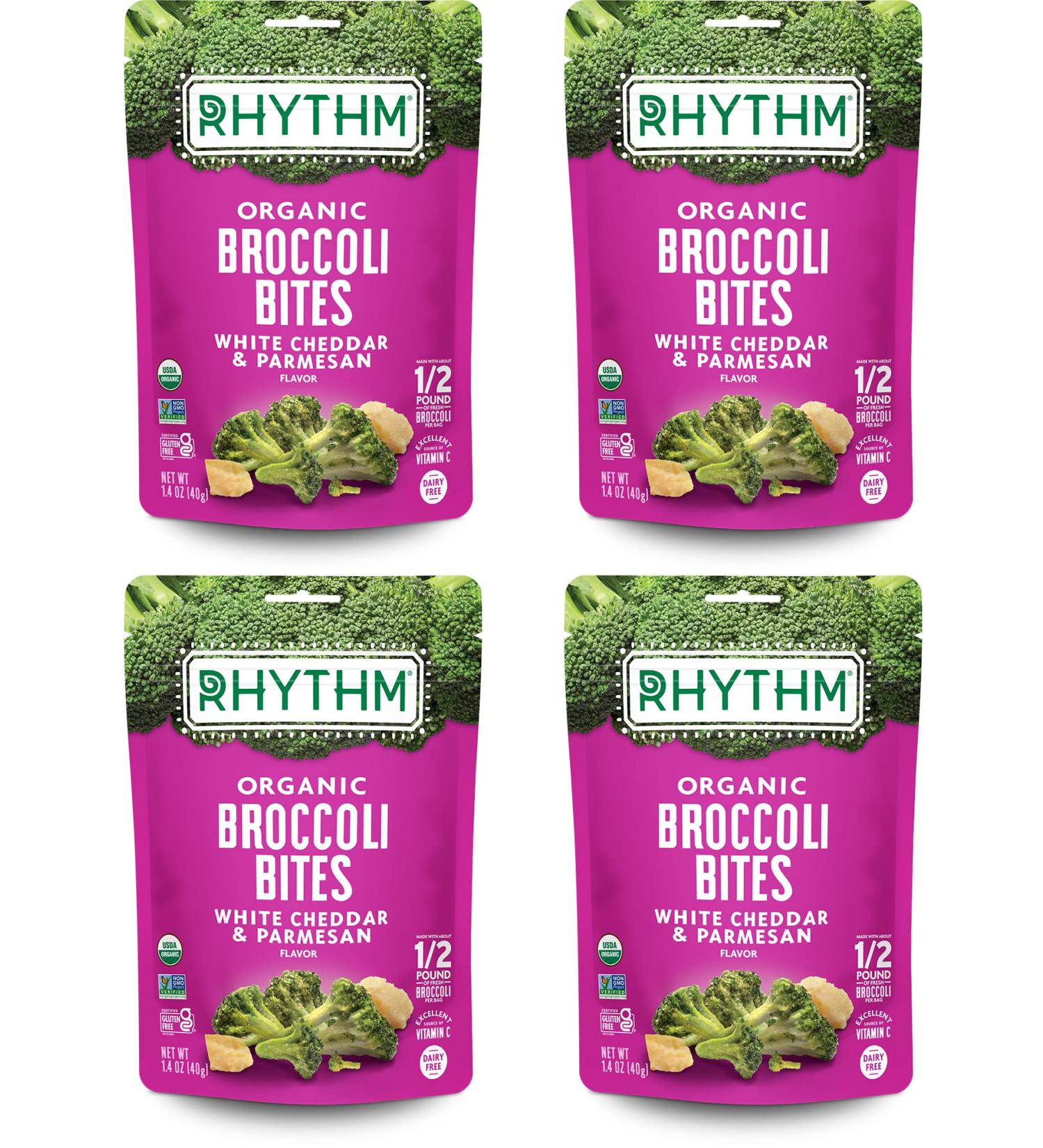 Rhythm Superfoods Crunchy Broccoli Bites - White Cheddar & Parmesan - Organic, Non-GMO, Vegan/Gluten-Free - 1.4 Oz (Pack of 4) - Buy Online on SooperMarket.com