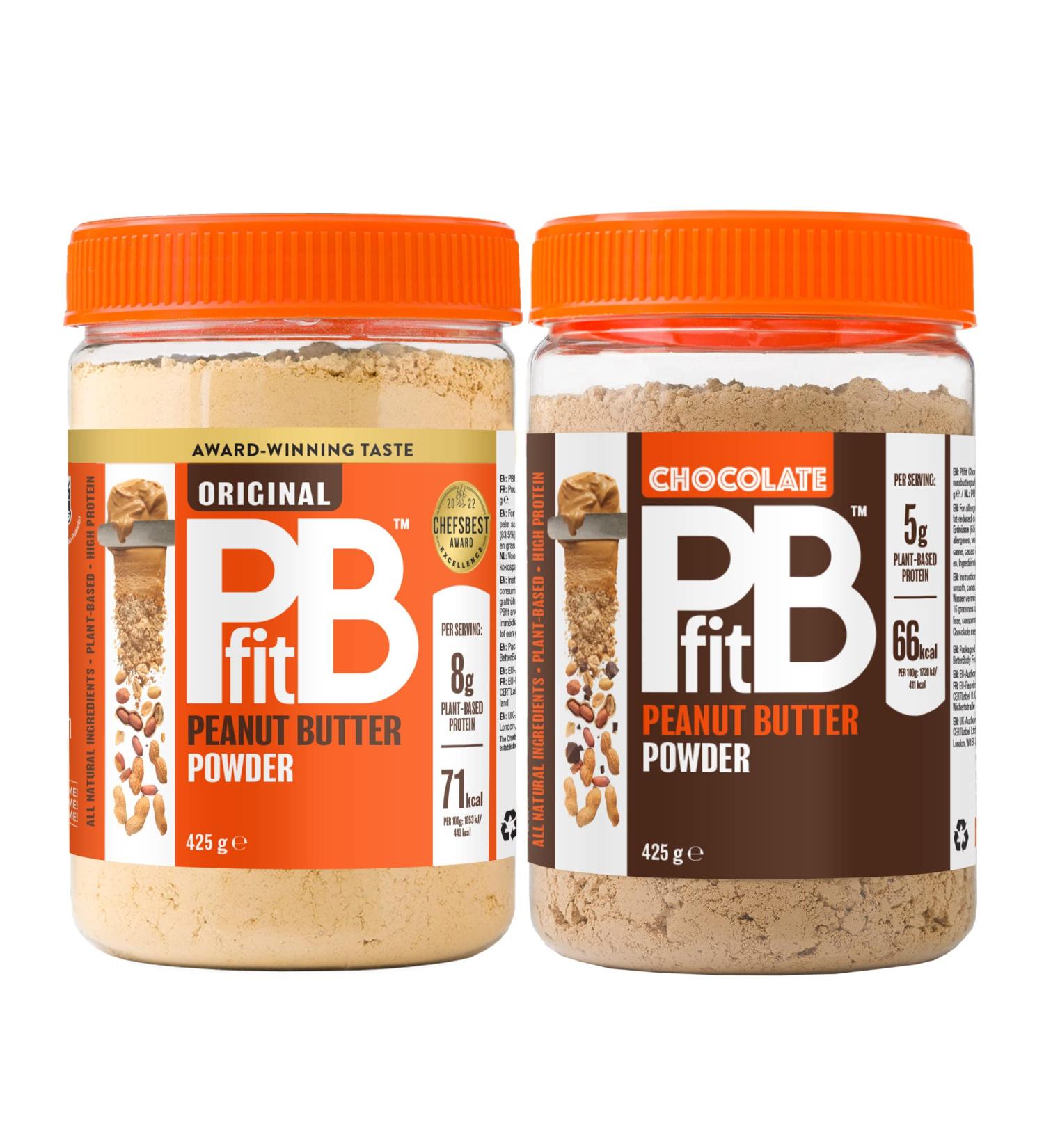 PBfit Peanut Butter Powder - Original & Chocolate - 87% Less Fat Gluten Free All Natural Nut Butter Spread - Powdered Peanut Butter from Real Roasted Peanuts - 425g (Pack of 2) - Buy Online on SooperMarket.com