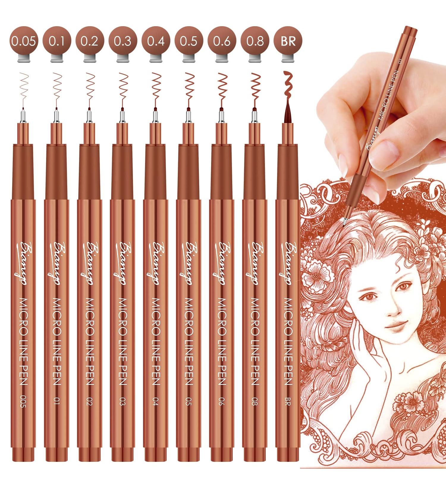 Bianyo Sepia Pigment Ink Micro-Pen Fineliners Set - 9 Assorted Sizes with Zipper Pouch | Water-Resistant Archival Ink Pens for Drawing, Sketching, Bullet Journaling | Sepia 9pcs - Buy Online on SooperMarket.com