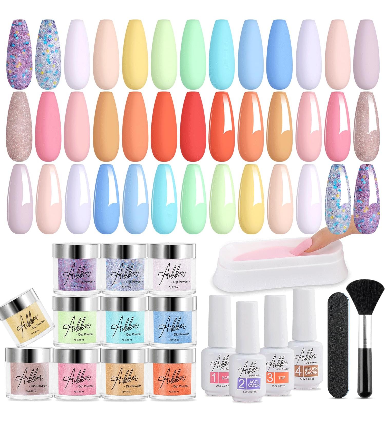 Aikker 20 Spring Colours Dip Powder Nail Kit - 27 Pcs Glitter Purple Pink Orange Acrylic Dipping Powder Set with Base Top Coat Activator - French Nail Art Manicure AK33 - Buy Online on SooperMarket.com