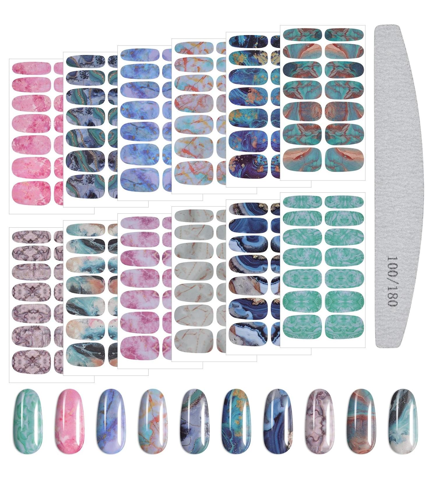 Kalolary 12-Piece Color Gradient Marble Nail Polish Stickers - Self-Adhesive Full Nail Wraps with Nail File | Trendy Monochrome Designs for Effortless Nail Art - Buy Online on SooperMarket.com