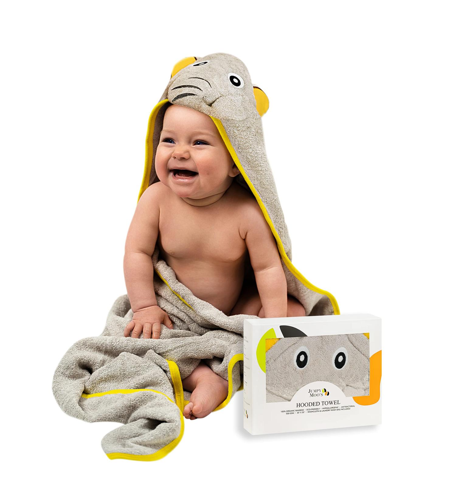 JM Organic Bamboo Hooded Baby Towel - Hypoallergenic & Absorbent - Perfect Baby Gift Set with Washcloth & Laundry Bag - Happy Elephant - Buy Online on SooperMarket.com